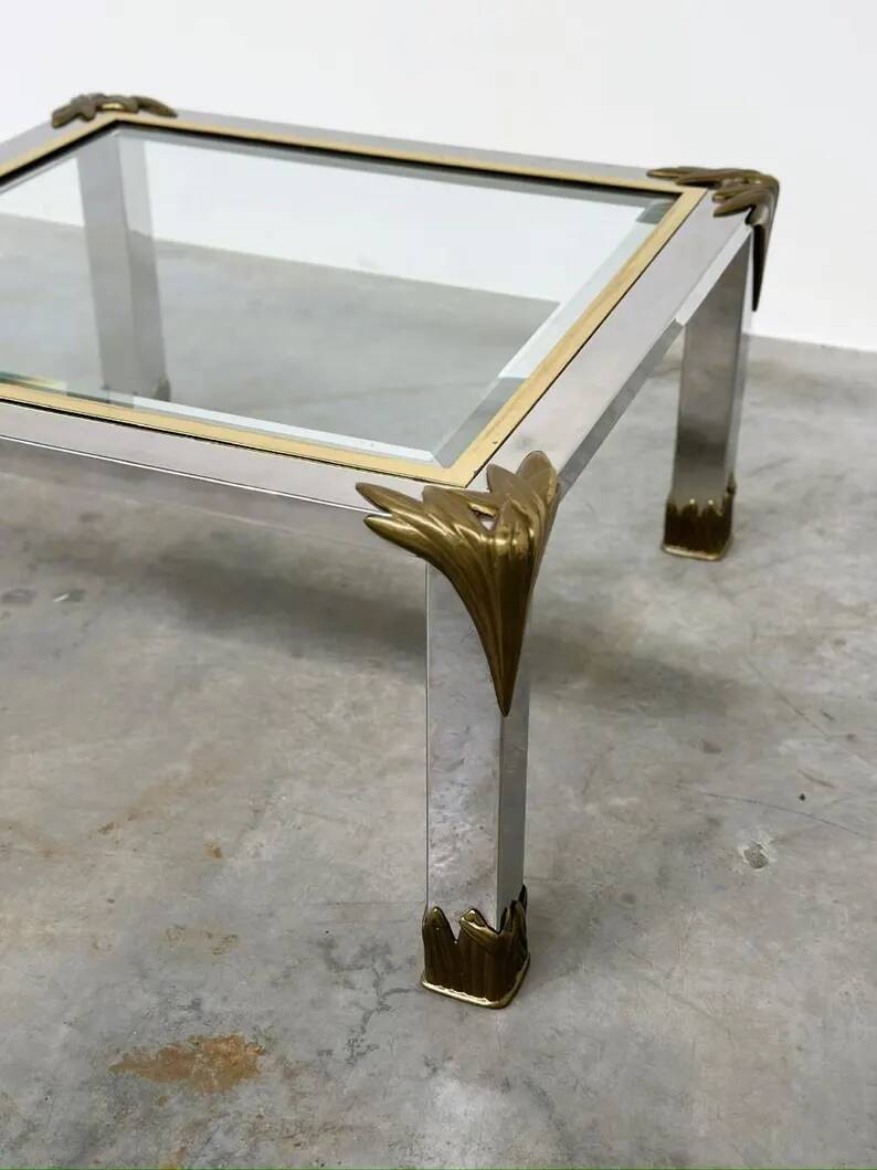 Vintage coffee table in chrome and brass adorned with sculpted leaf details, 1970s