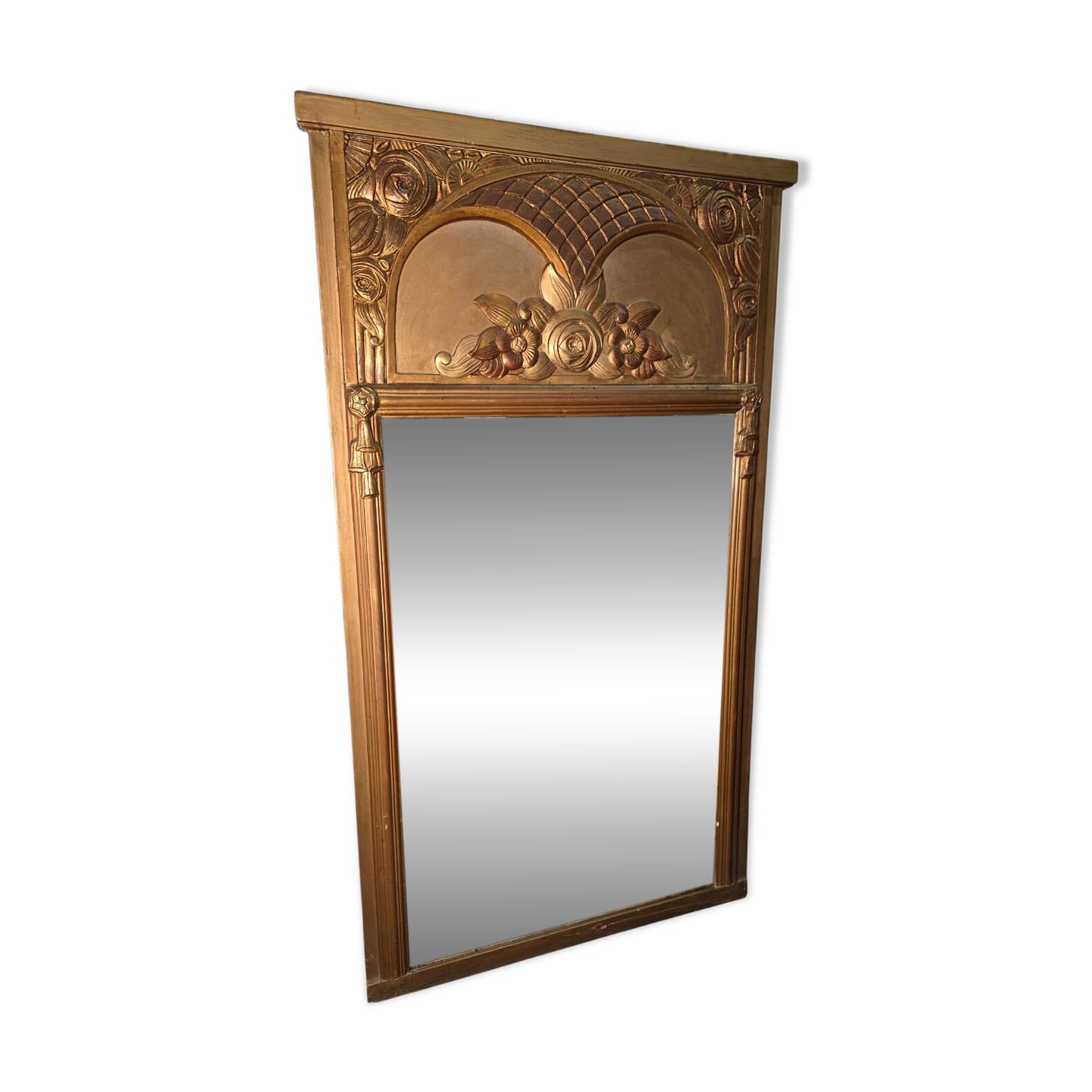 Art Deco gilded trumeau, bevelled mirror