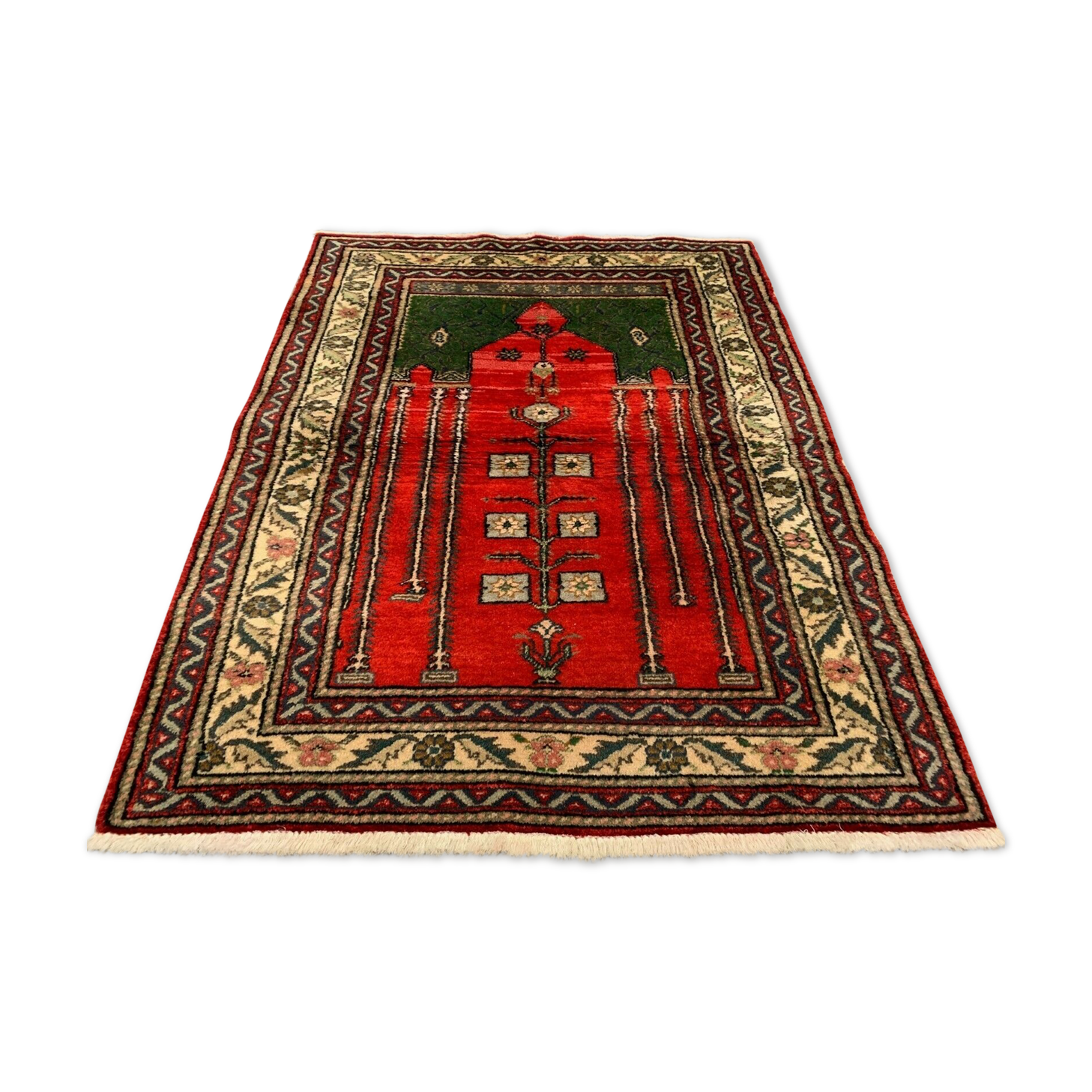 Distressed Turkish Rug 117x88 cm Vintage Shabby, Wool Tribal Red, Green Small