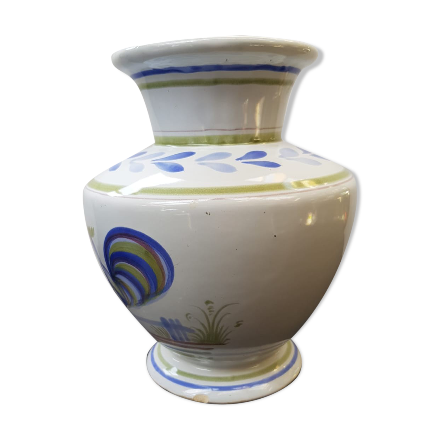 Old vase quimper henriot ceramic white décor blue rooster vintage