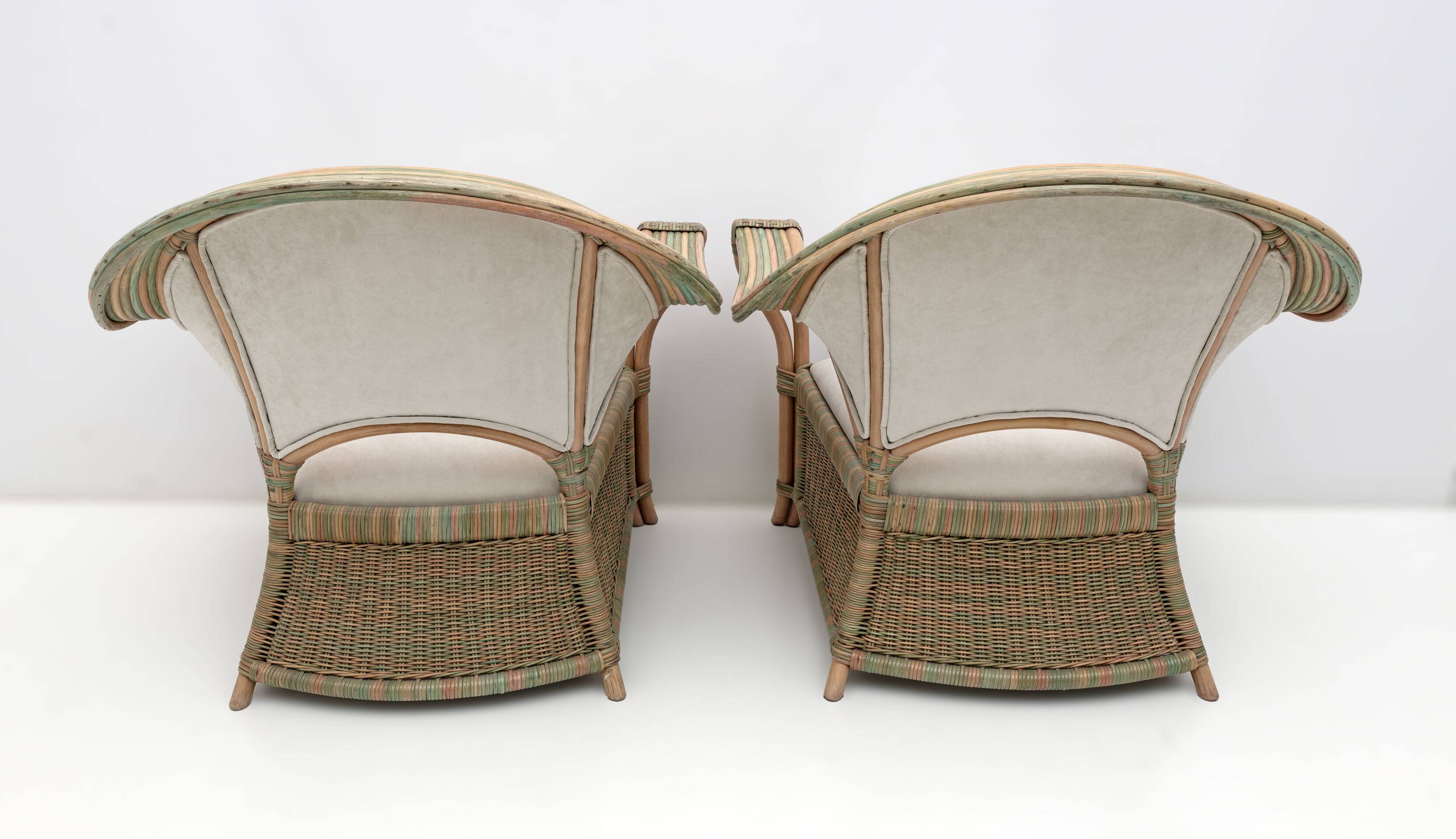 Mid-century Modern Italian Rattan and Wicker Two Armchairs and Sofa, 1970s