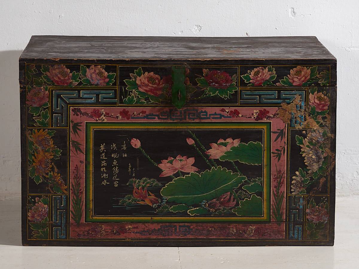Antique oriental trunk with lotus flower paintings (c.1900)