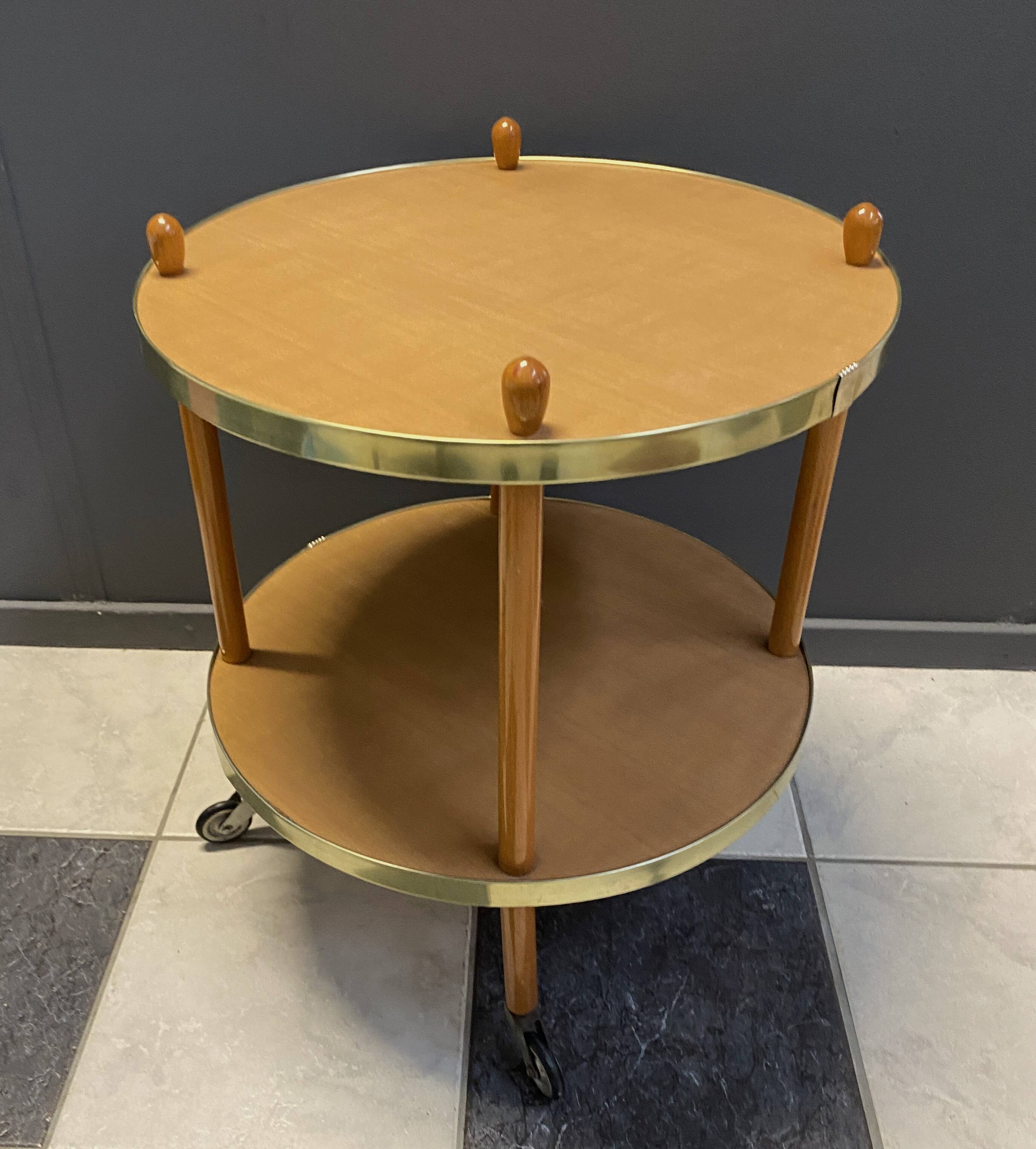 Wood round serving trolley sidetable 1960s