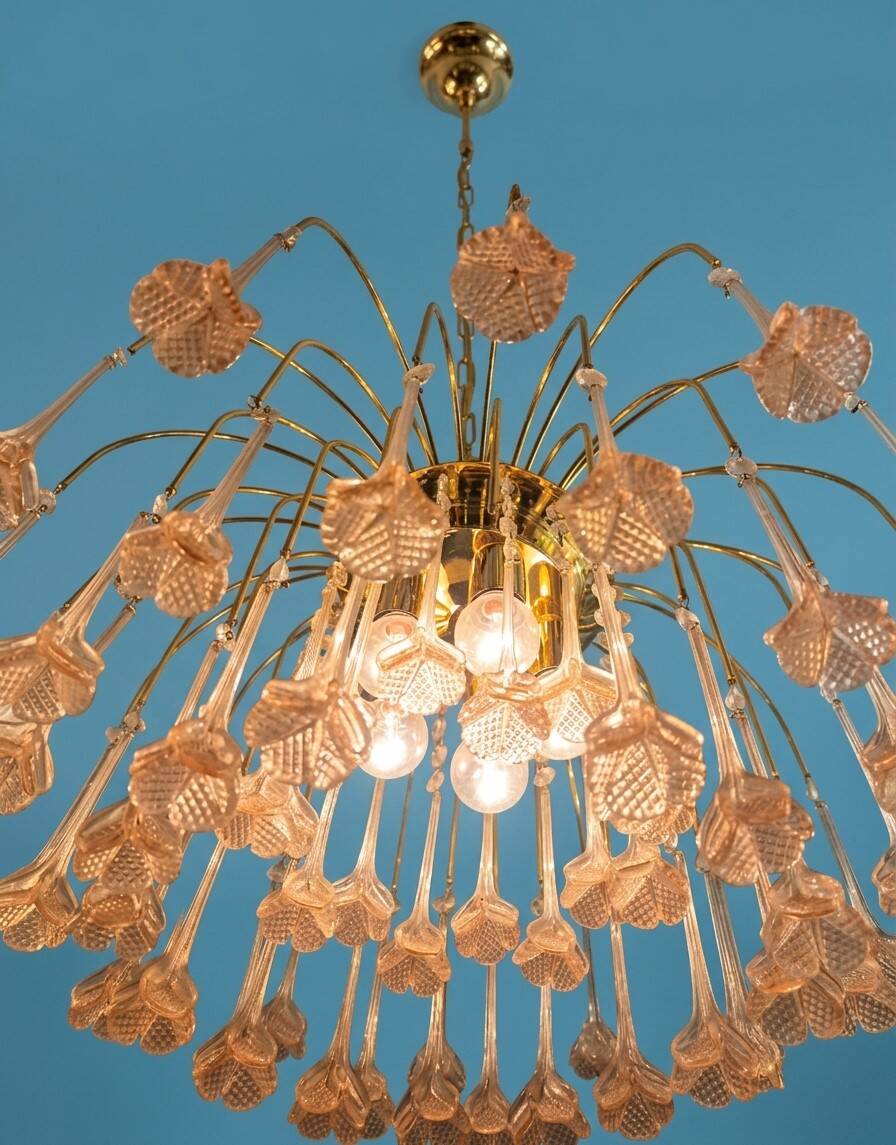 Vintage chandelier rain gold with handmade Murano glass pink flowers.