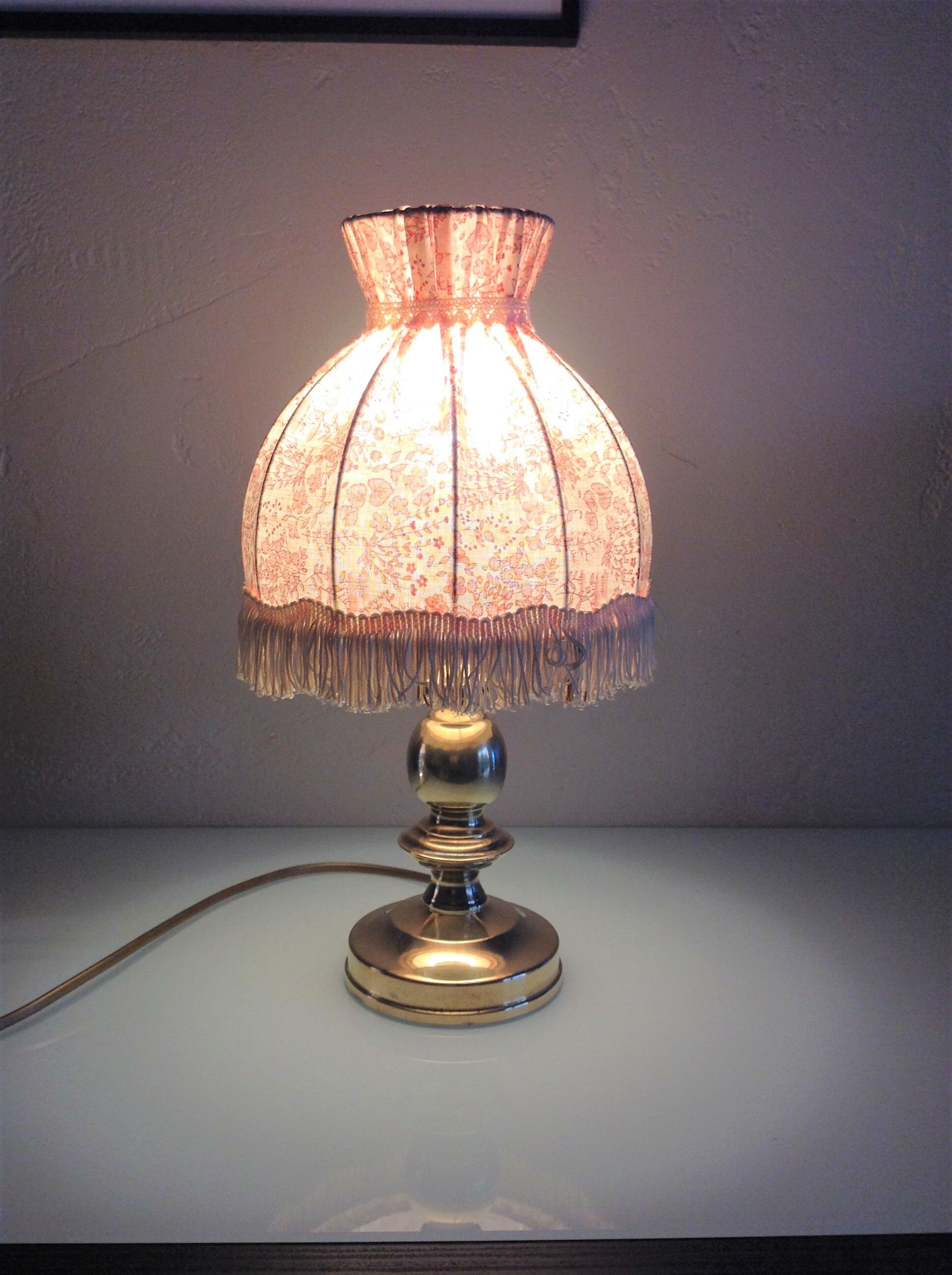 Brass bedside lamp and pink/vintage lampshade 60s-70s