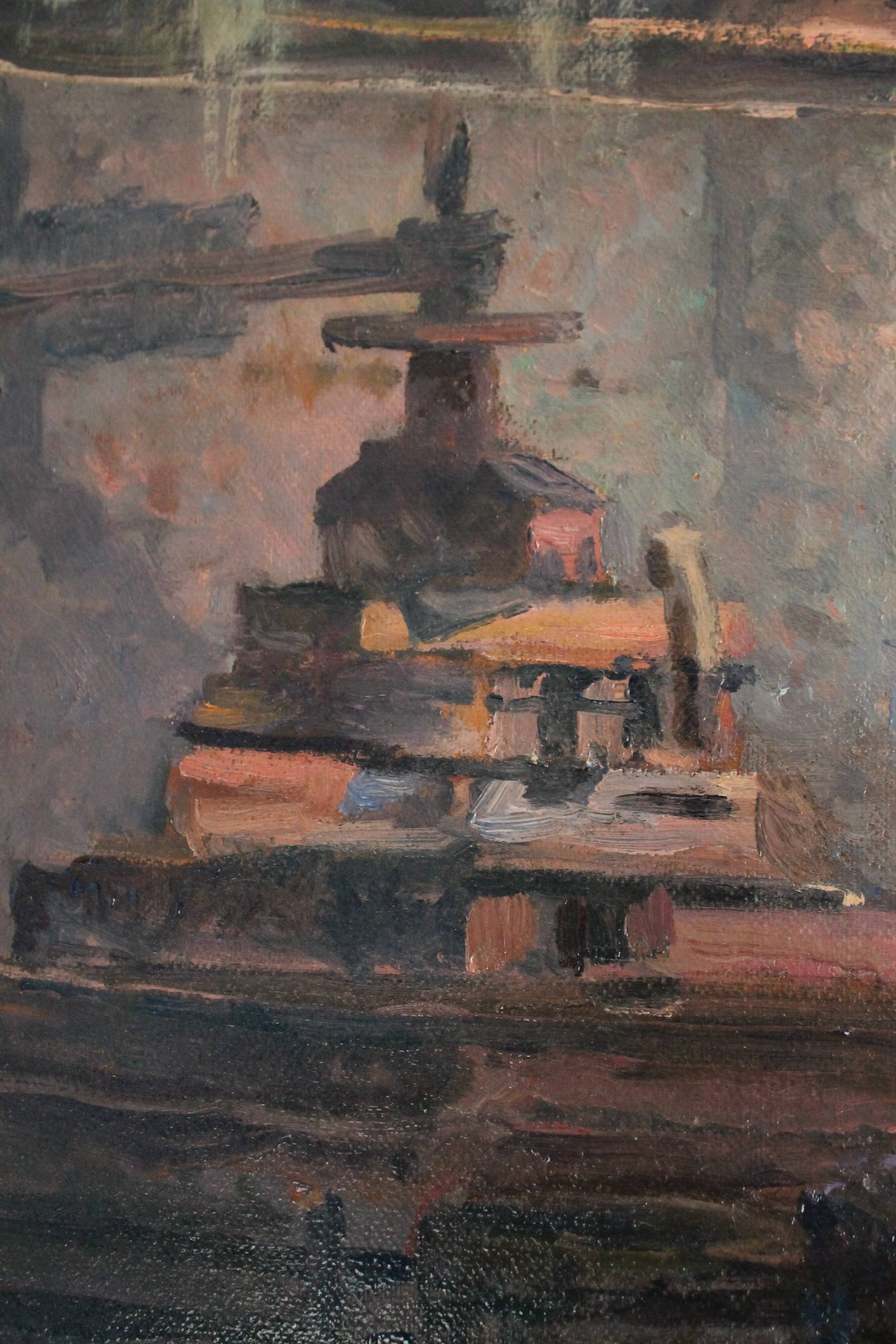 Oil on hardboard "Two workers at the press" post-impressionist painting