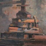 Oil on hardboard "Two workers at the press" post-impressionist painting