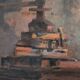 Oil on hardboard "Two workers at the press" post-impressionist painting