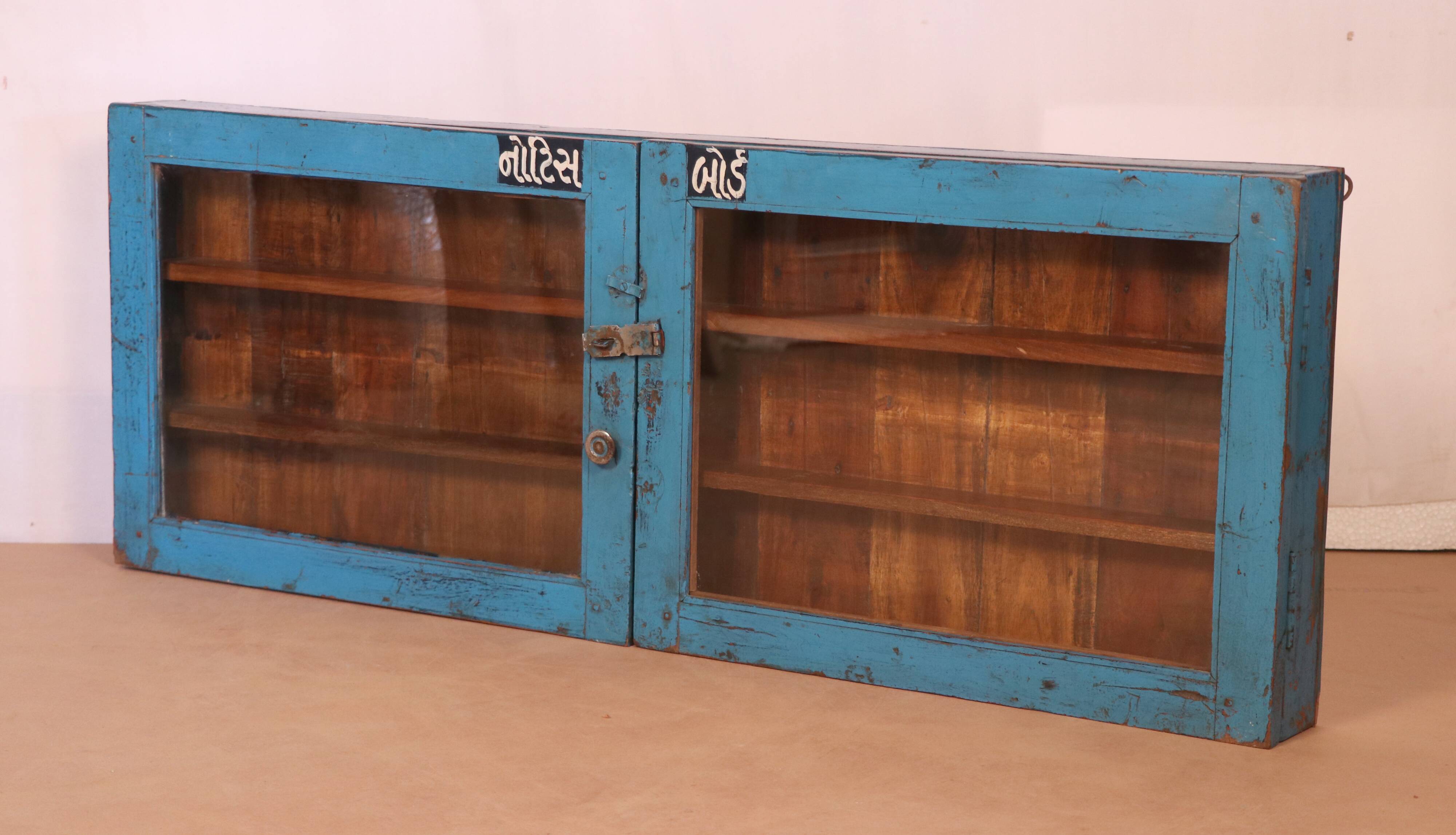Old Burmese teak wall display case original blue patina