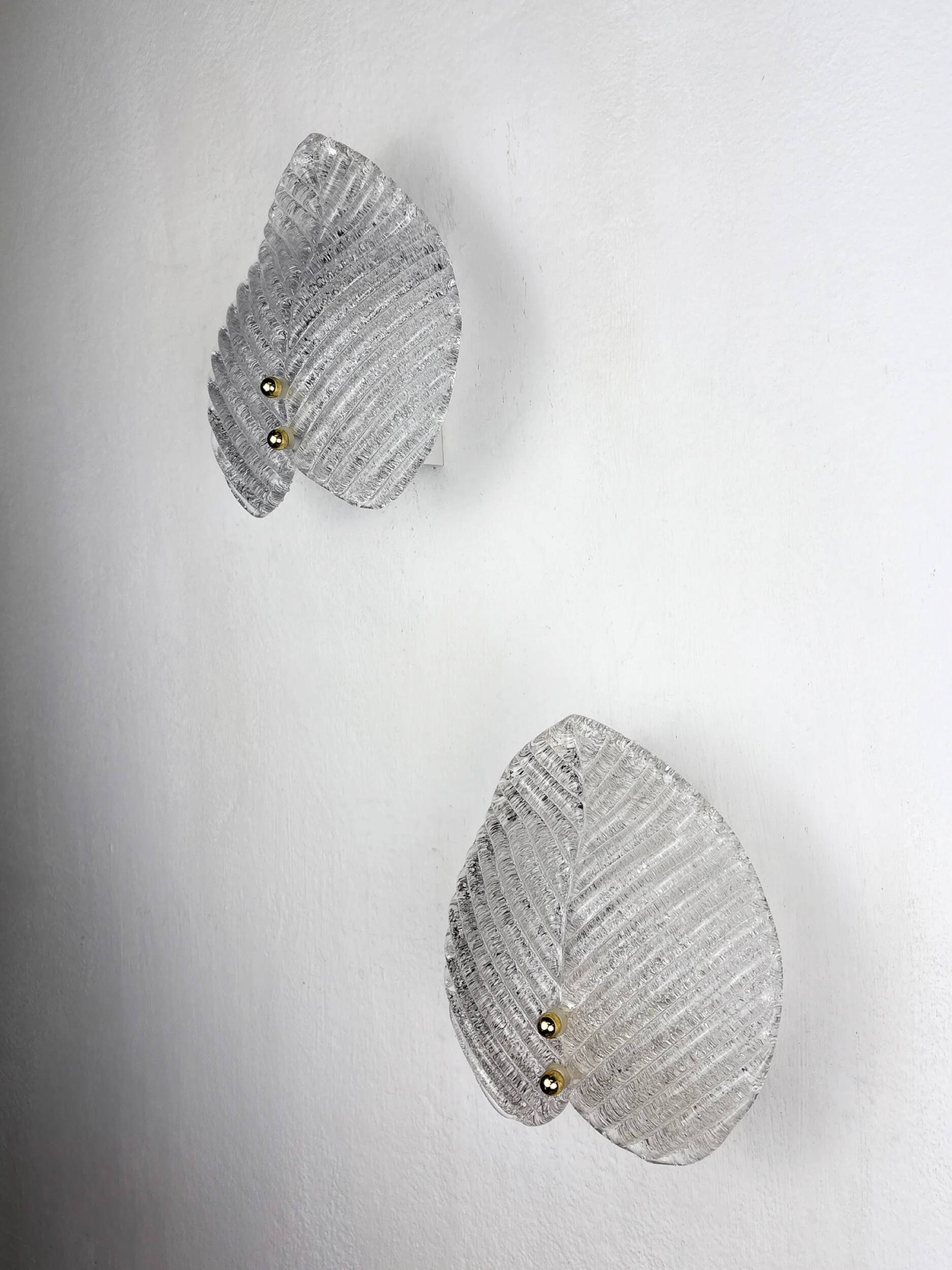 Pair of Murano frosted leaf sconces, textured glass & gilt details, Italy, 1970