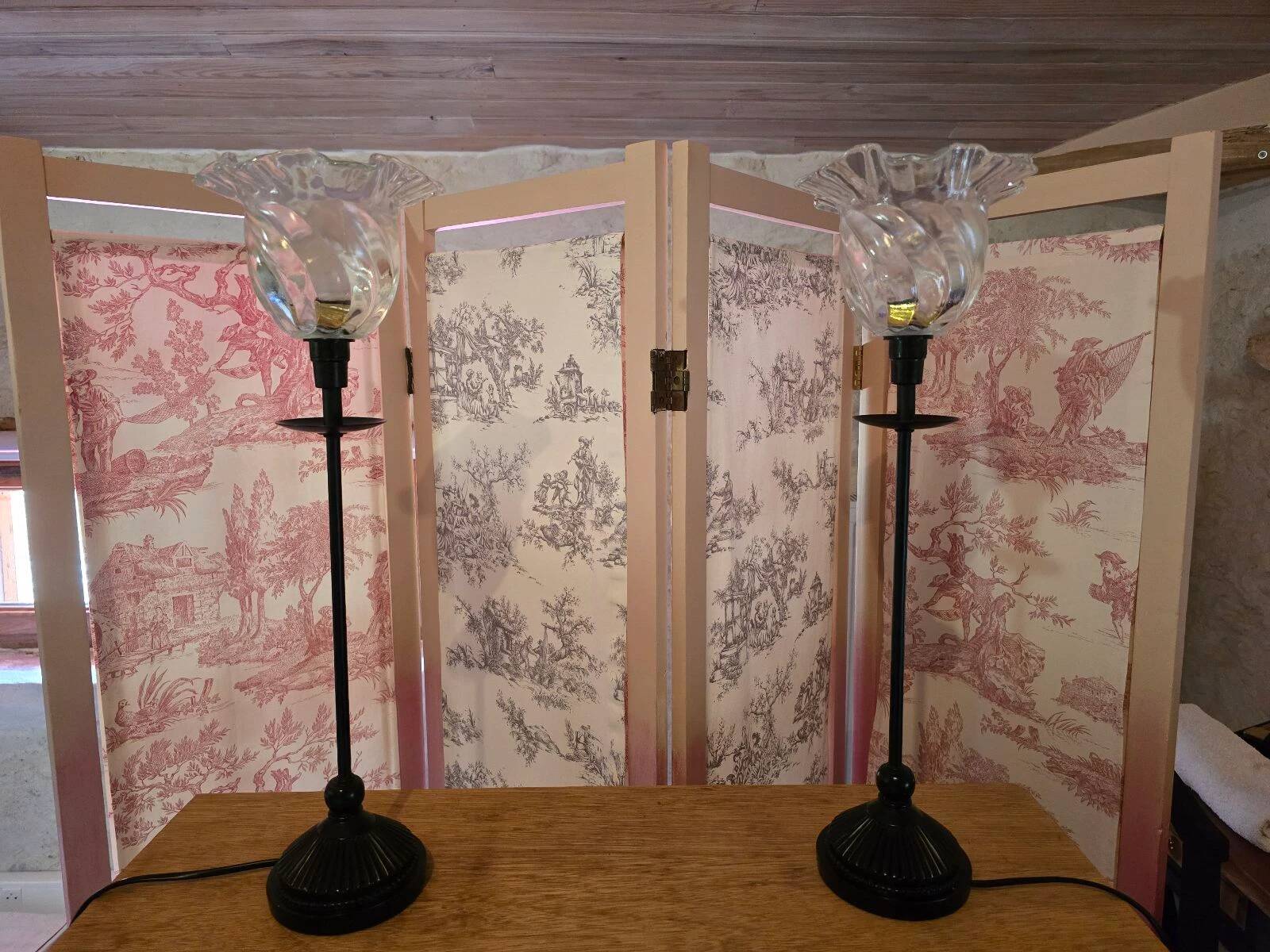 Pair of black and transparent glass vintage table lamps