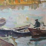 Ancien Tableau Huile sur Bois Encadré & Signé : Le Pêcheur