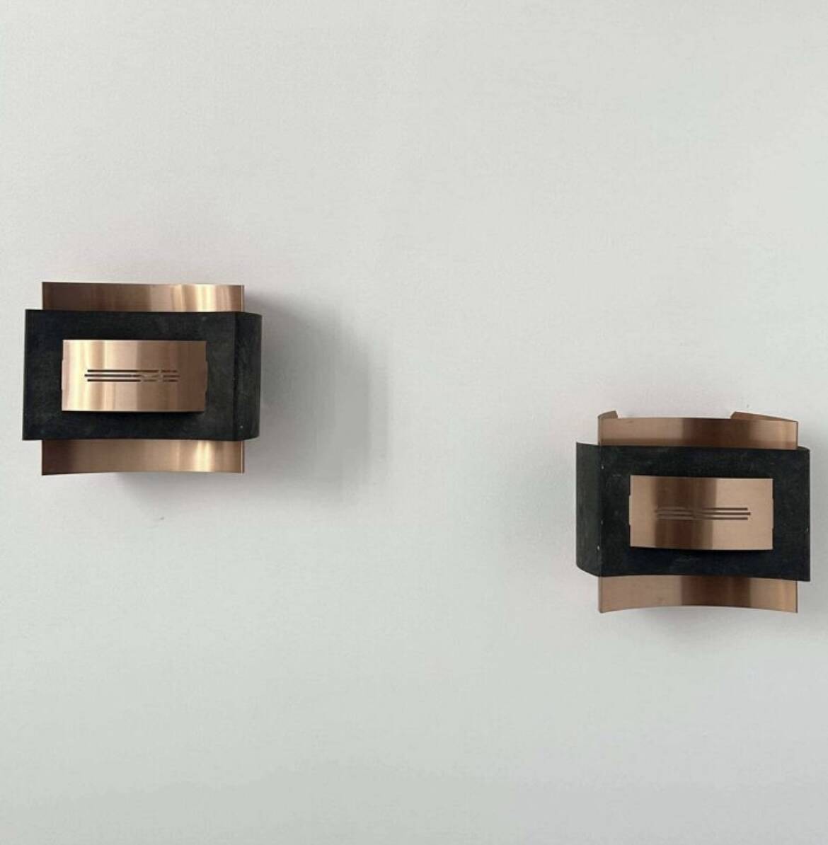 Pair of vintage wall lights, matte black metal and copper, Netherlands 1960