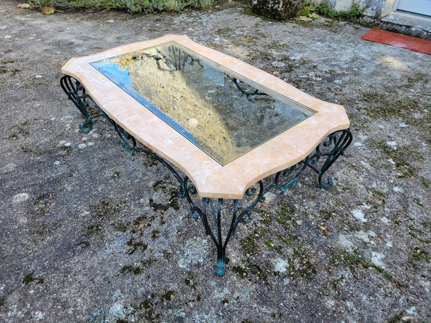 Pink marble and wrought iron coffee table