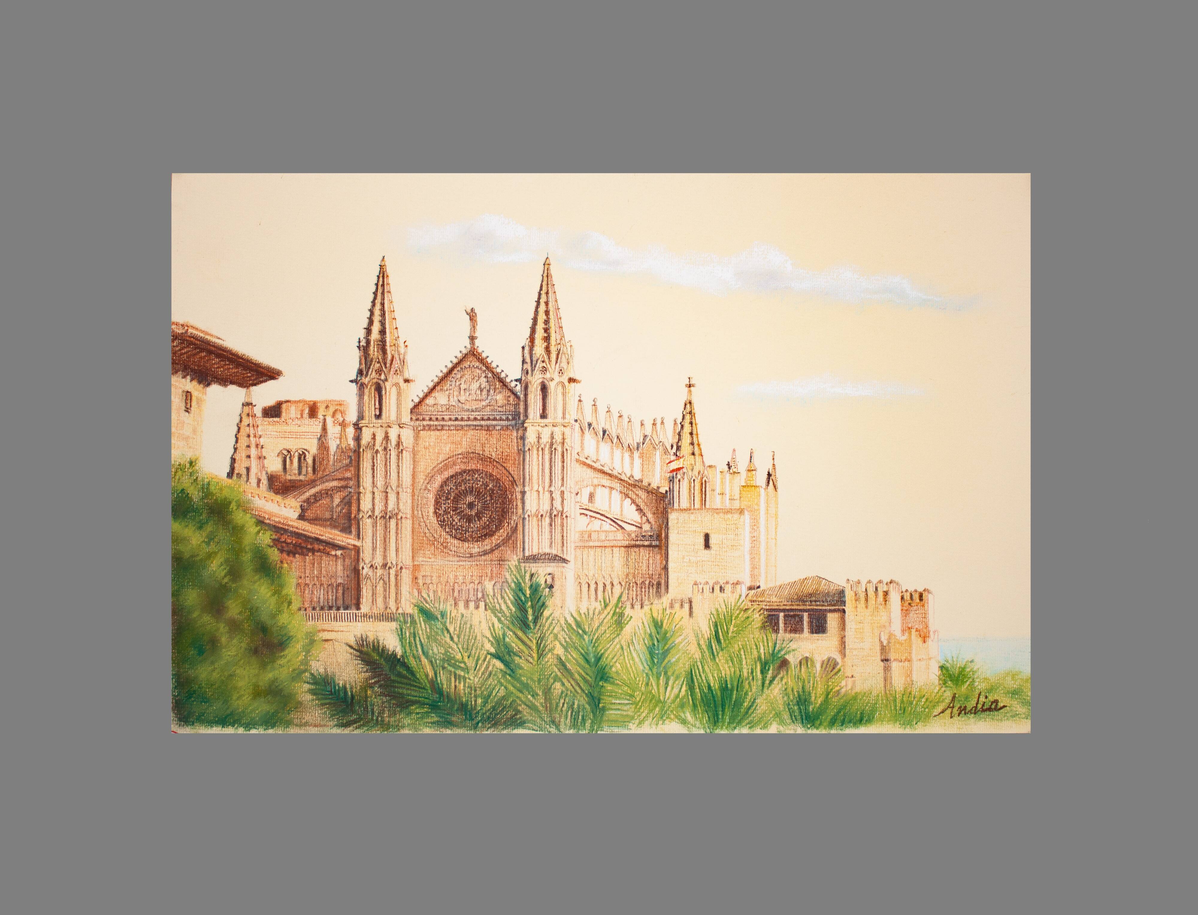 Dibujo de la catedral de mallorca. cuadro de mallorca. pintura mallorca. mallorca pintura.