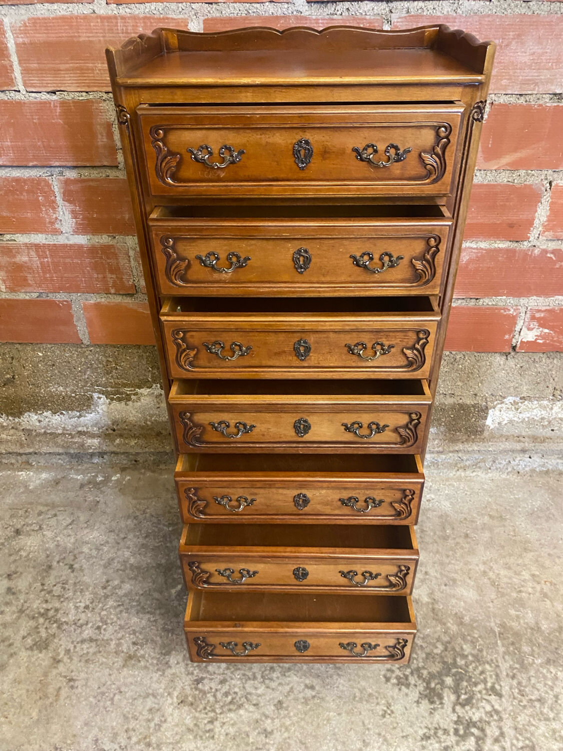 Antique louis xv style weekly chest wood 7 drawers & vintage metal handles