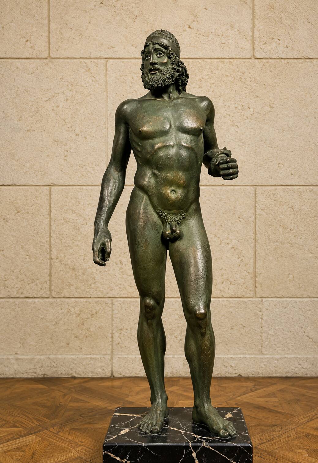 bronze sculptures with a green patina representing the Riace warriors
