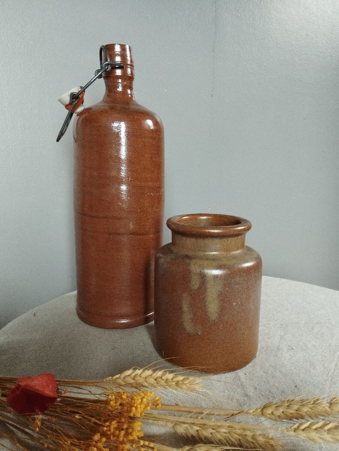 Stoneware pottery duo, bottle + pot, 1950's