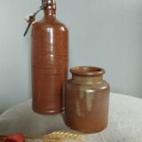 Stoneware pottery duo, bottle + pot, 1950's