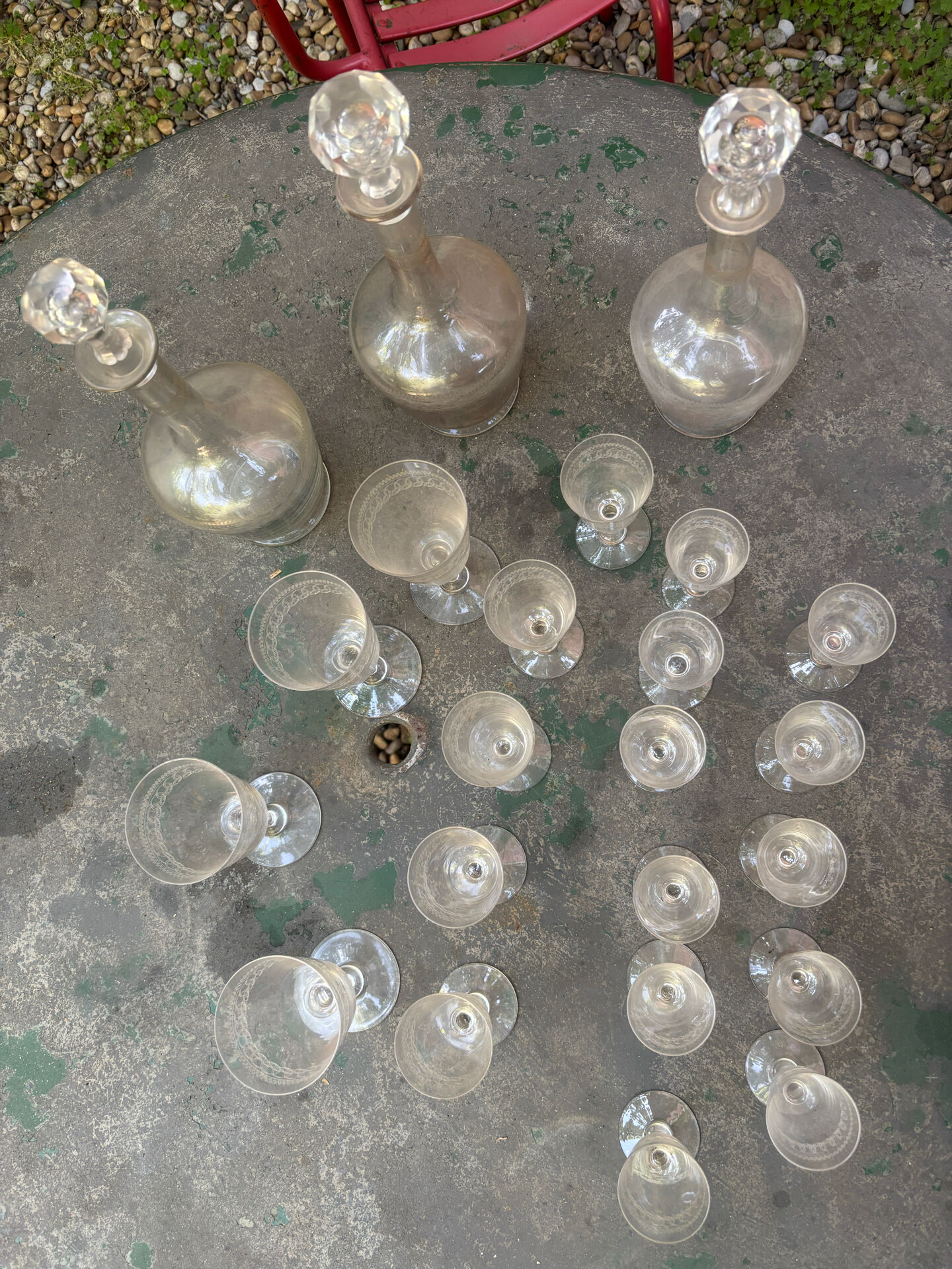 Antique engraved crystal liqueur service? St Louis model early 20th century.