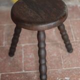 Tabouret vintage, tabouret bois, tabouret tripode pieds perlés, porte-plant