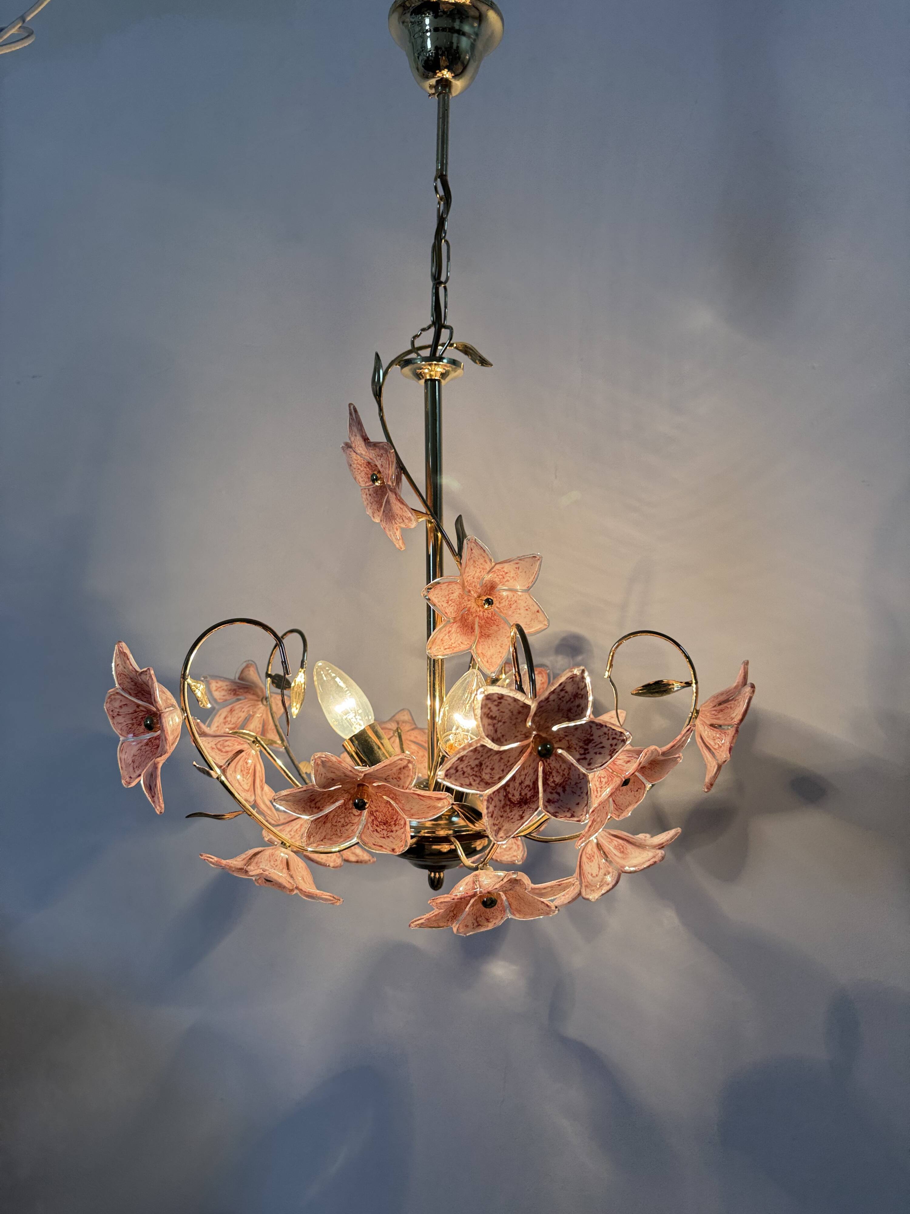 Chandelier with mourn glass pink flowers , 1970s