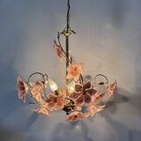 Chandelier with mourn glass pink flowers , 1970s