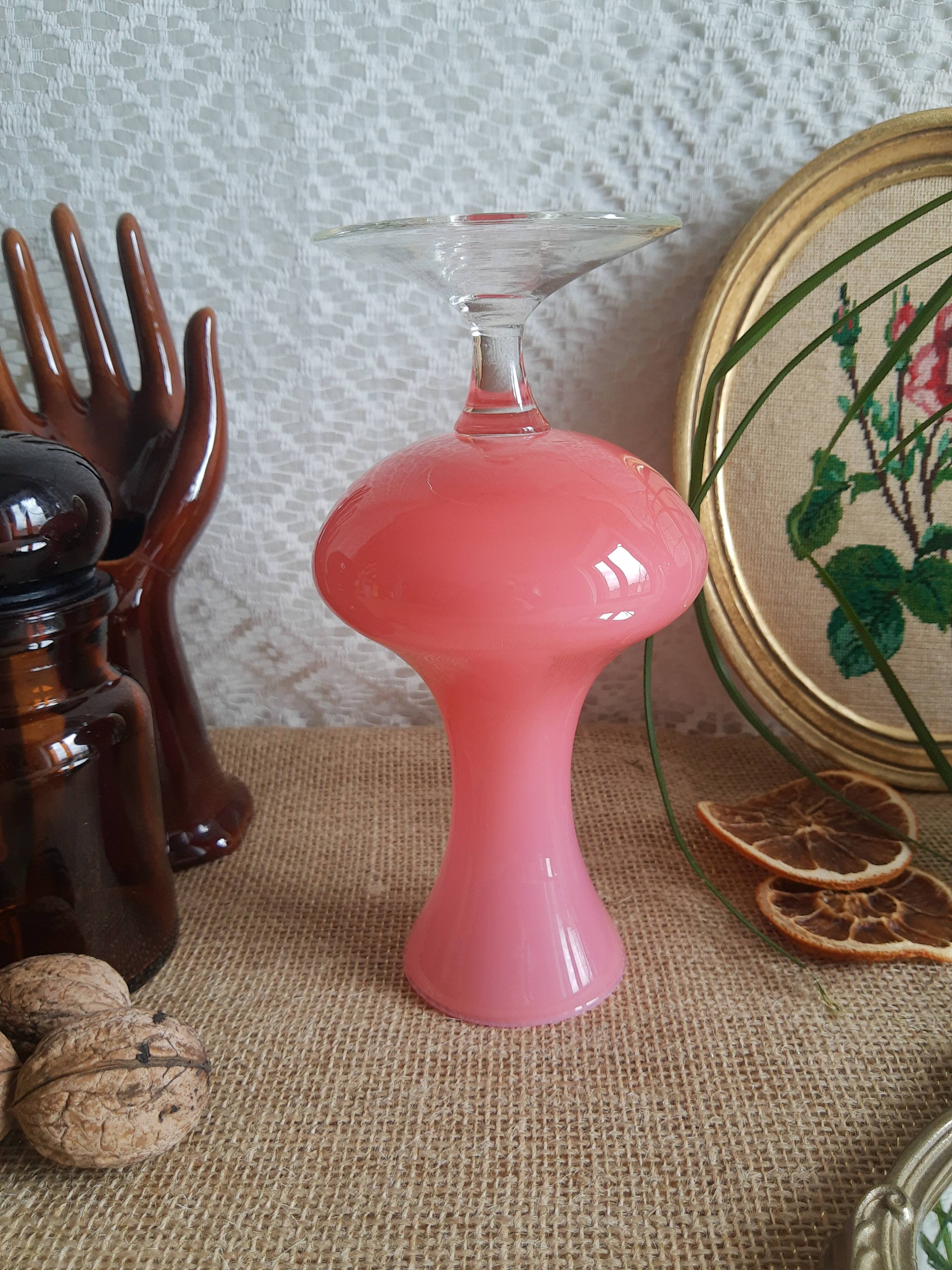 Pink opaline soliflore vase and vintage transparent foot