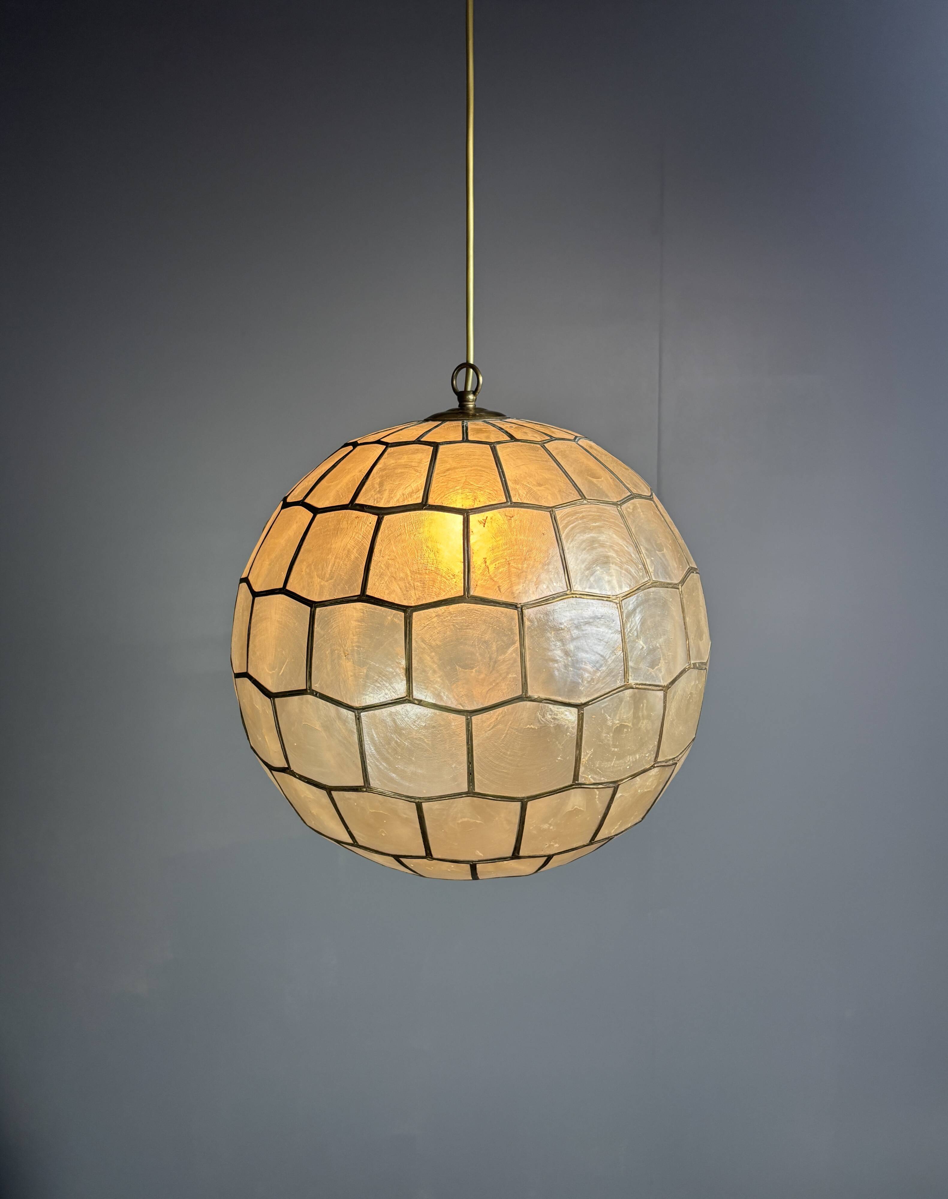 Midcentury mother of pearl Capiz shell & brass sphere large pendant, 1960s
