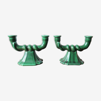 Pair of french art deco majolica candlesticks.