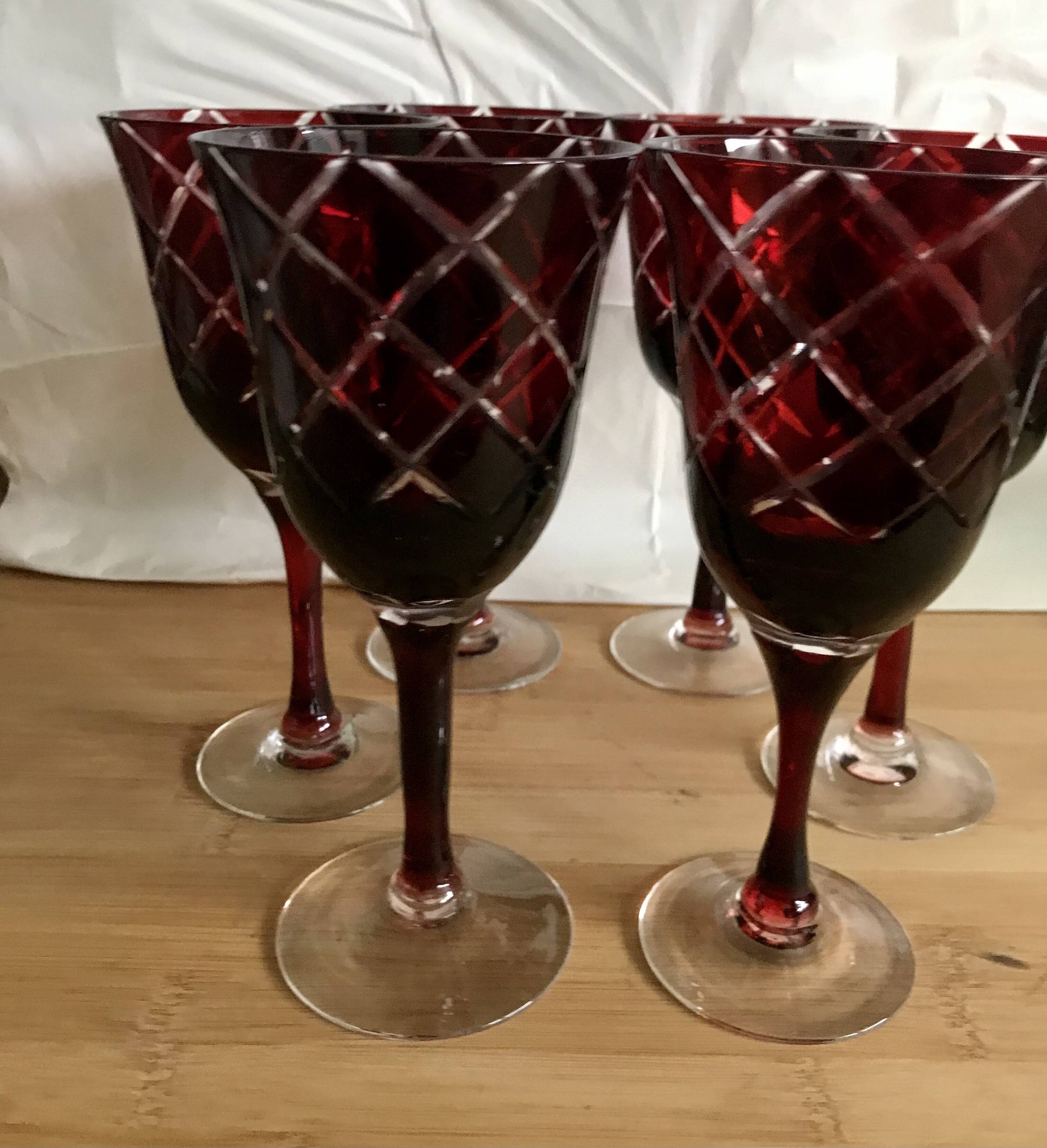6 red italian cut glass wine glasses