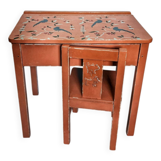 Terracotta school desk and chair.