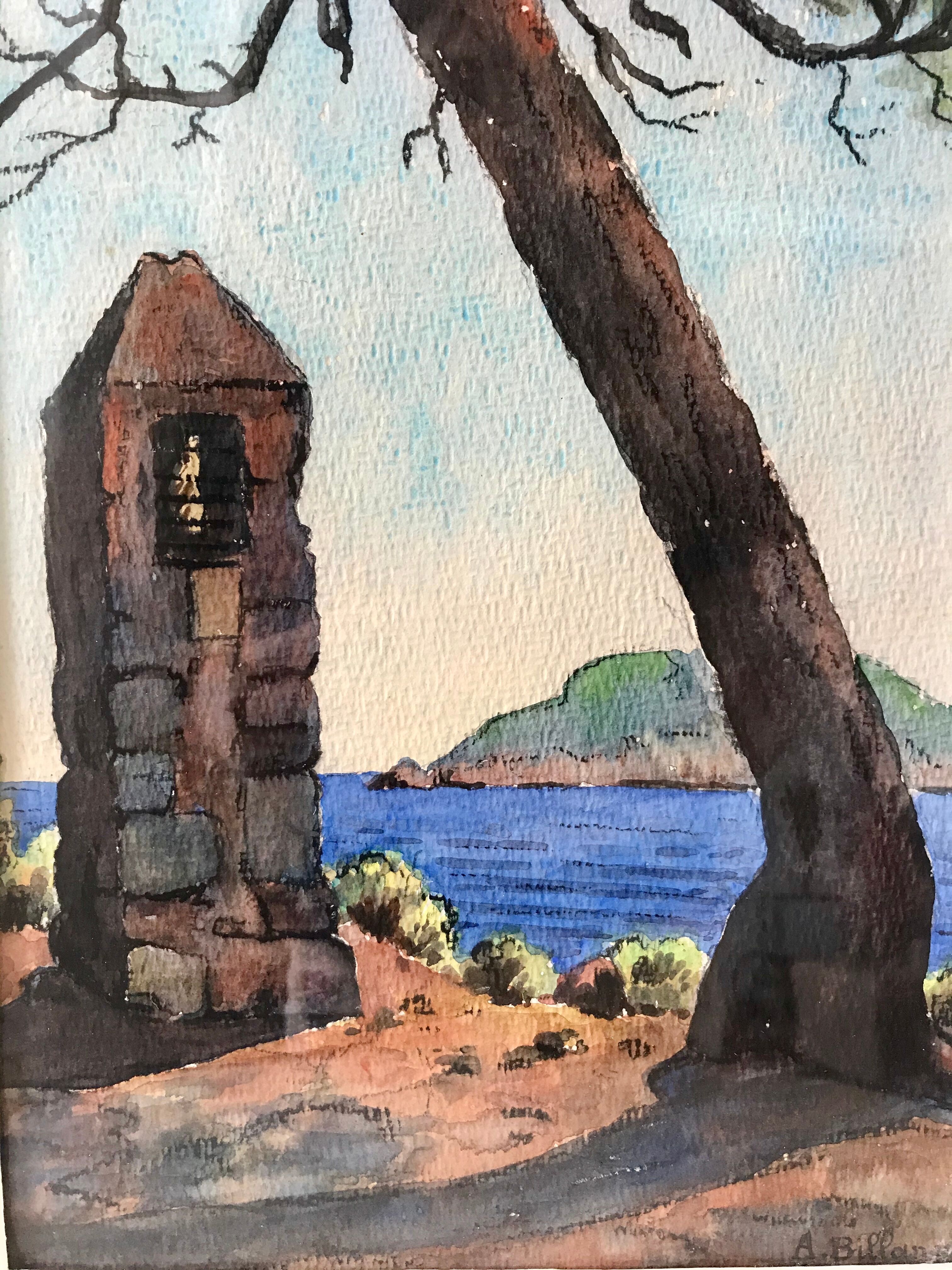 Landscape painting sea old watercolor signed