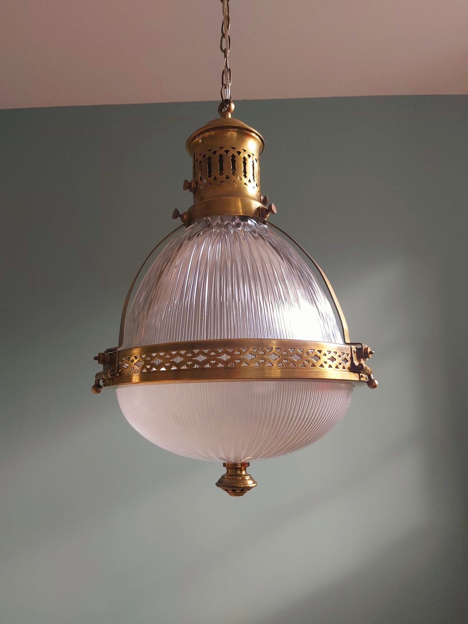 Holophane pendant lamp in prismatic glass and brass, 1920s-30s