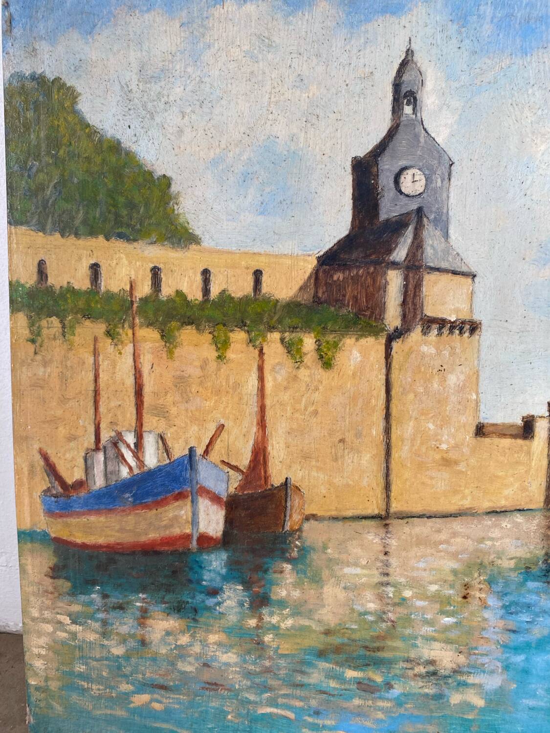 Sailboat harbor painting
