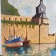 Sailboat harbor painting