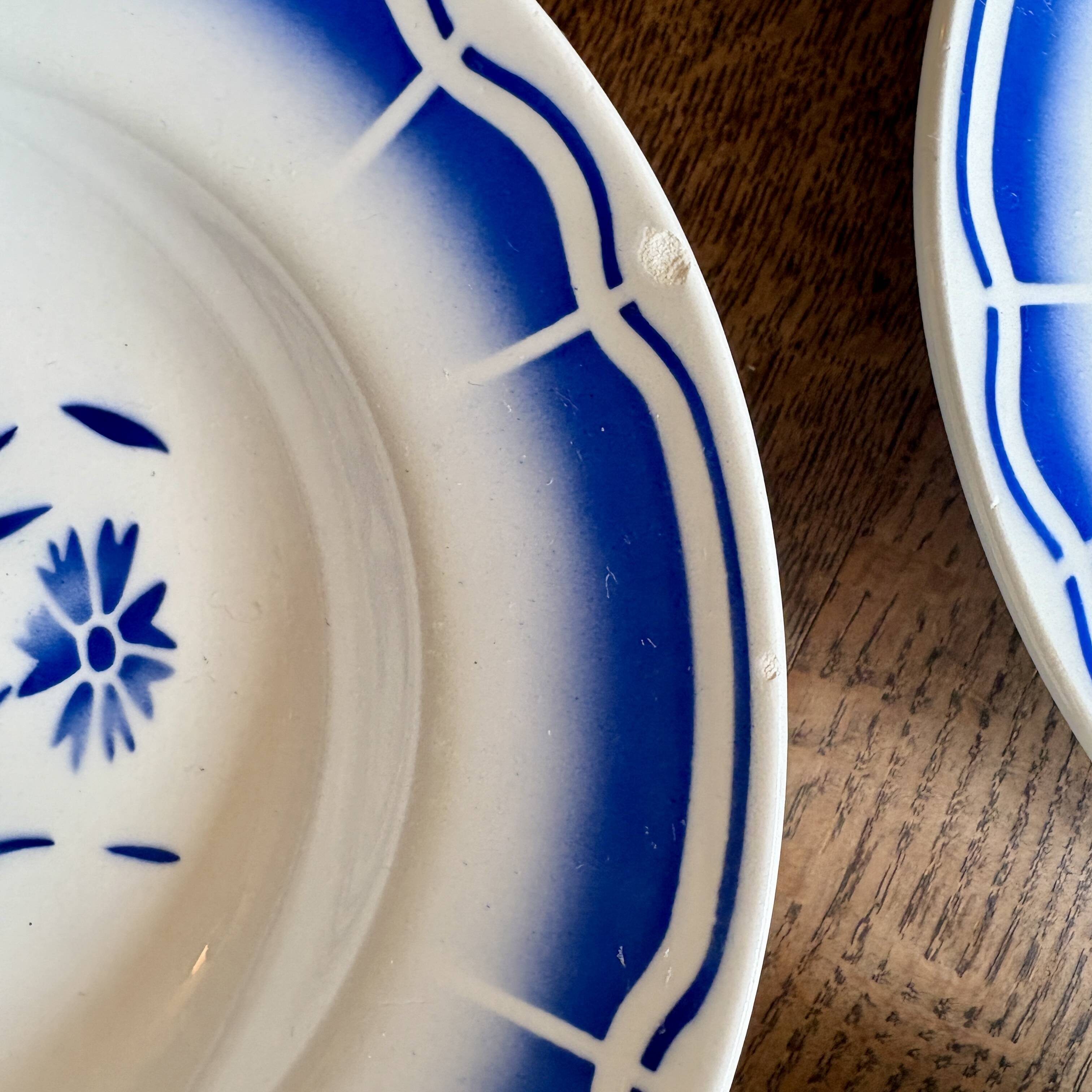 Set of 8 antique soup plates, blue flower decorations