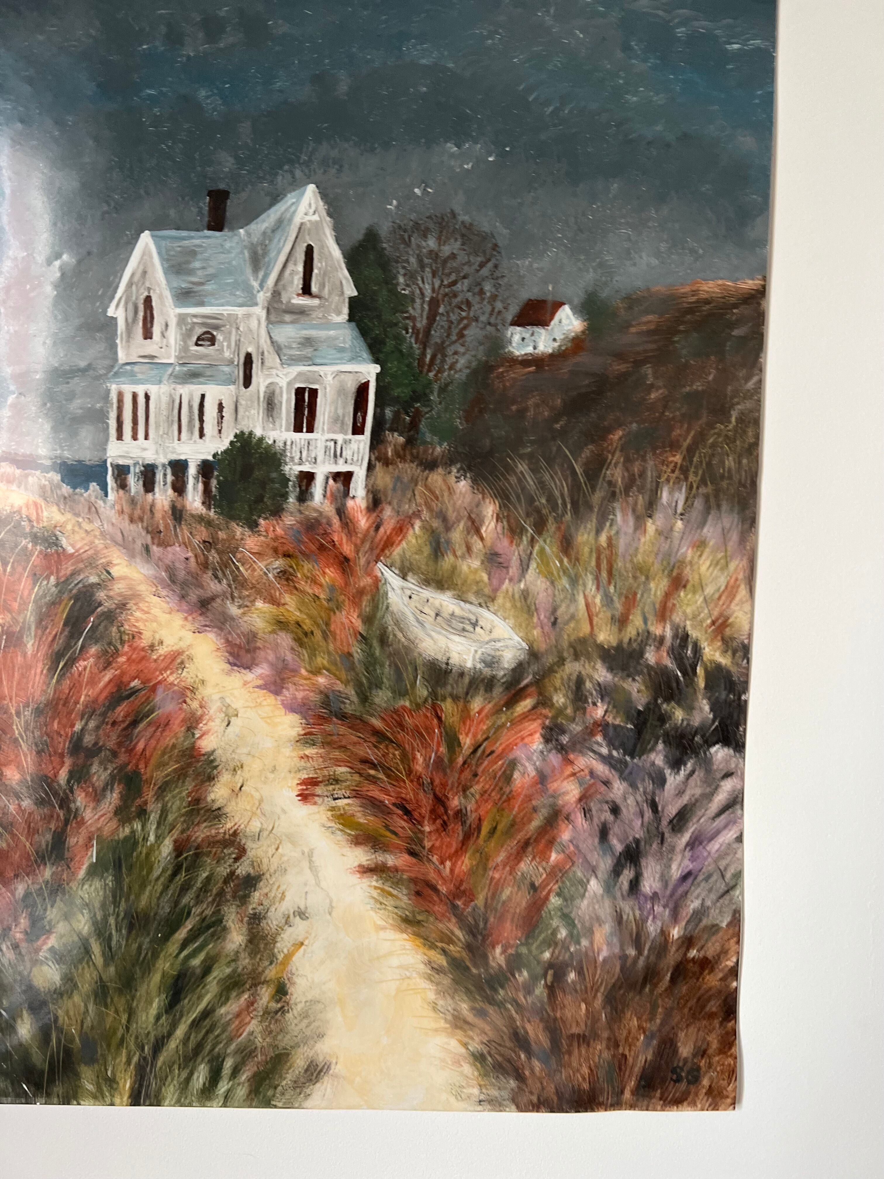 Painting of house by the sea, handmade, on thick paper