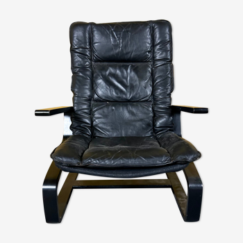 Midcentury black leather betwood armchair by Westnofa 1960s