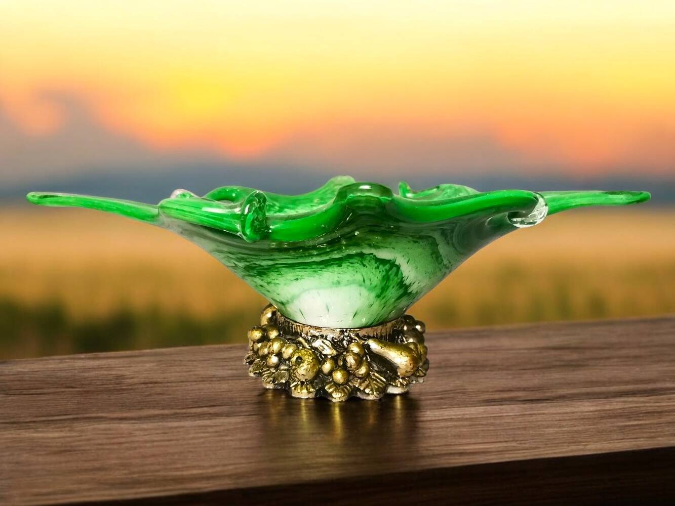 Italian Green Murano Glass and Sterling 925 Silver Vase