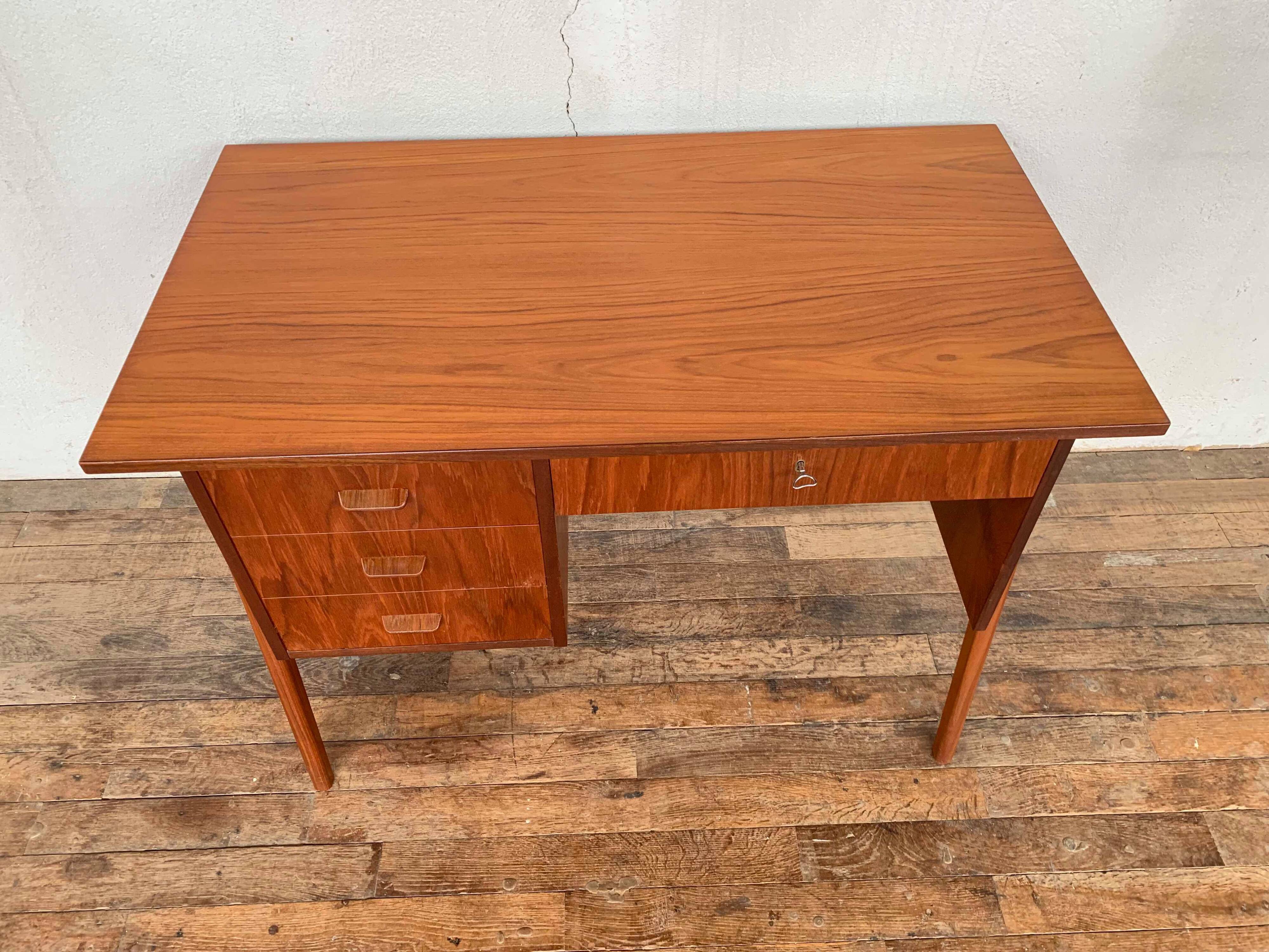 Bureau scandinave teck 1950 1960 vintage rétro ancien - pieds compas - 3 tiroirs - LEGRAND D