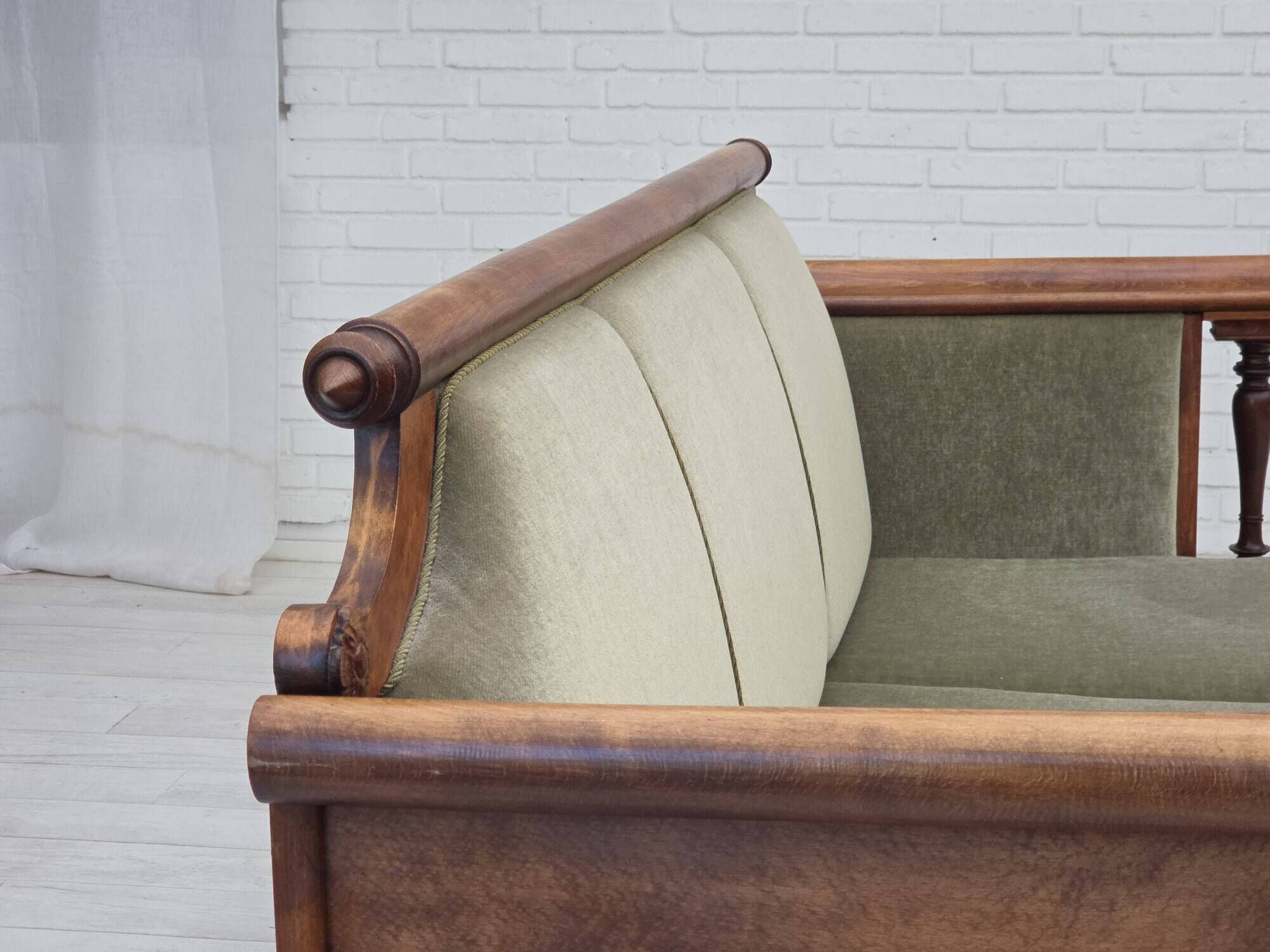1930s, Danish 3 seater antique sofa, furniture velour, ash wood.