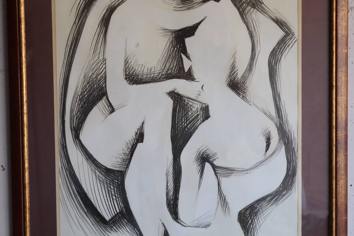 Large framed ink drawing – Embracing couple