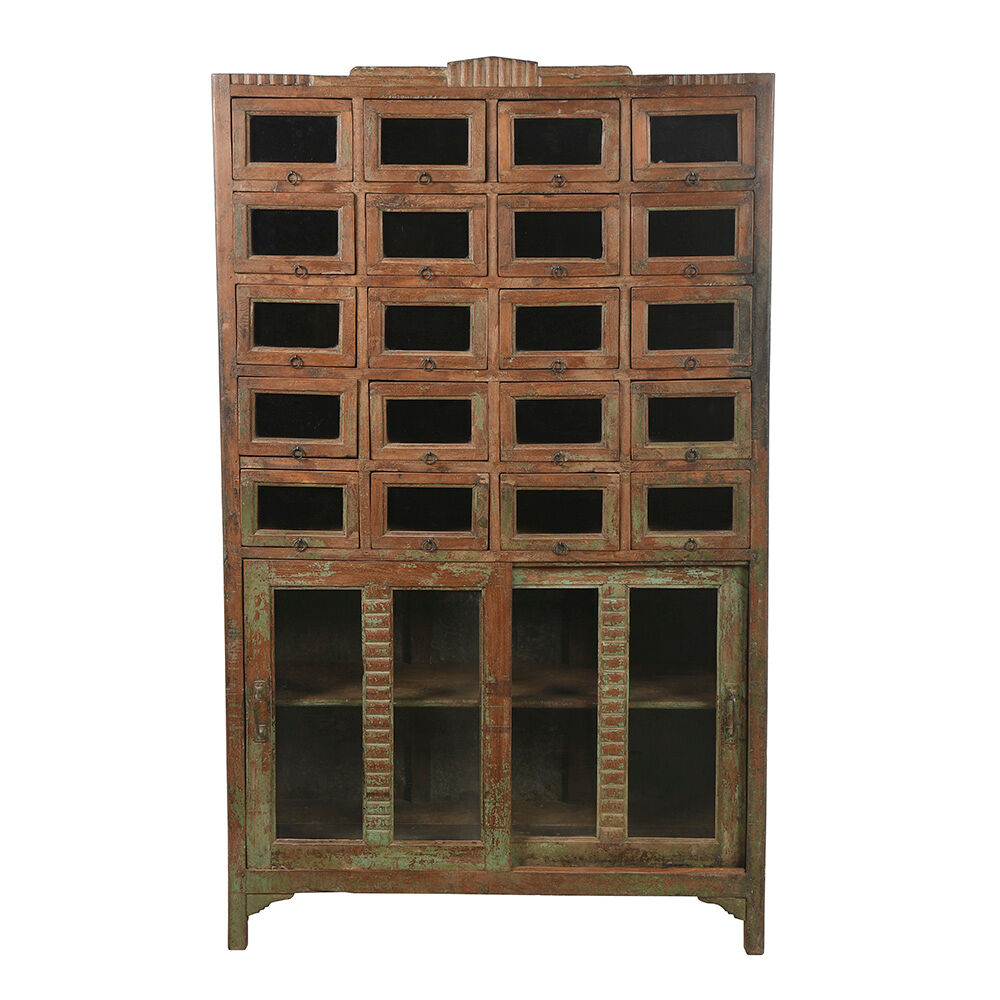 Wooden presentation cabinet with 20 glazed cupboards