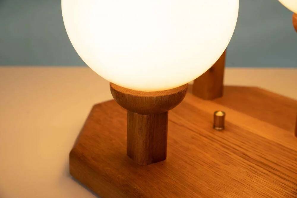 Bohemian glass ball table lamp from the 70s, wood & glass