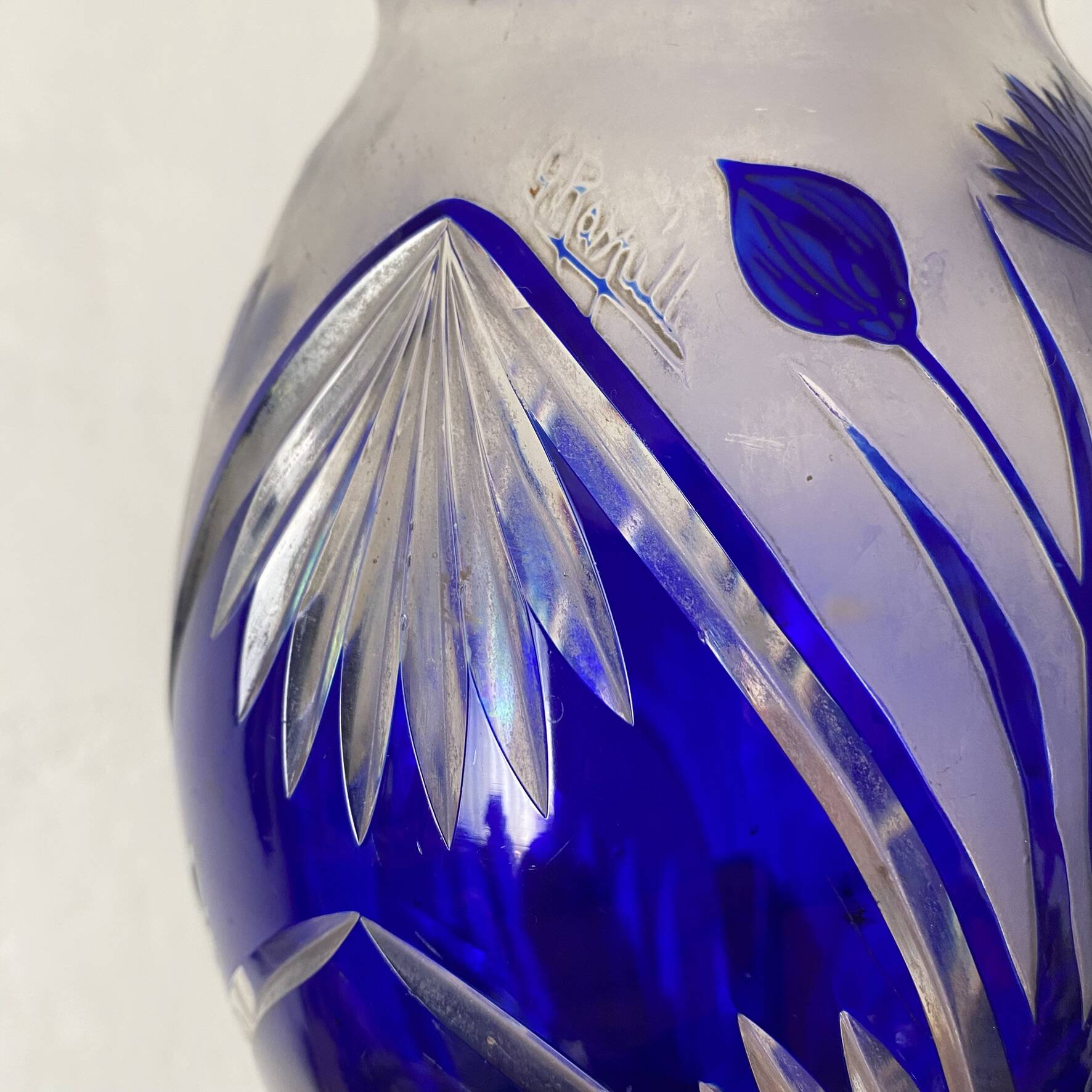 Cobalt blue double crystal vase signed G. Raspiller