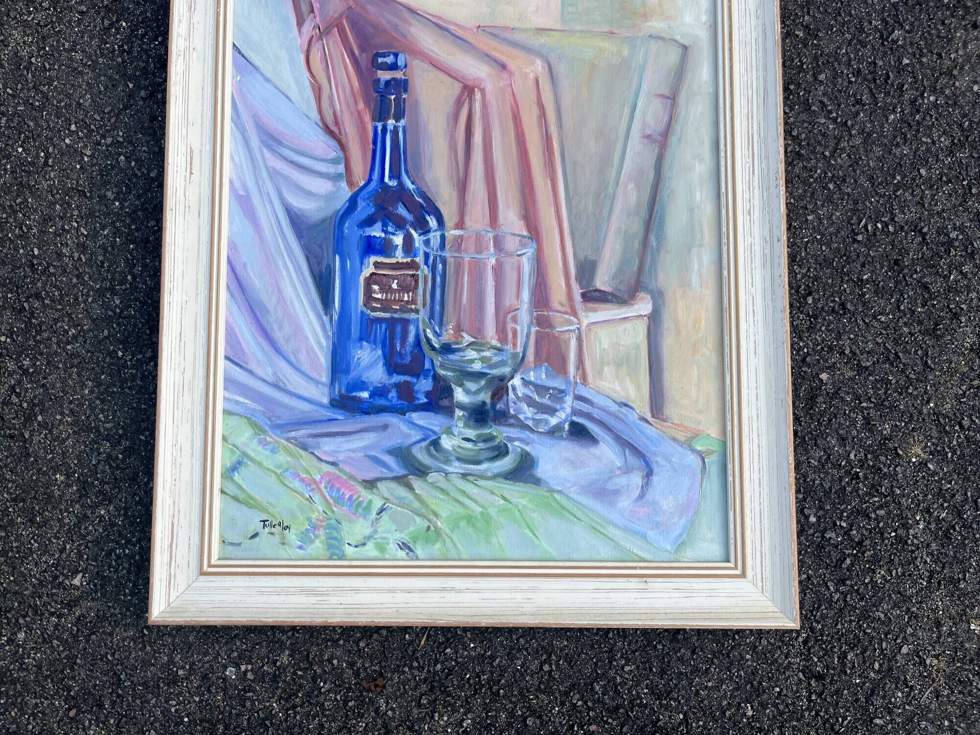Still life with blue bottle and glass – Signed painting