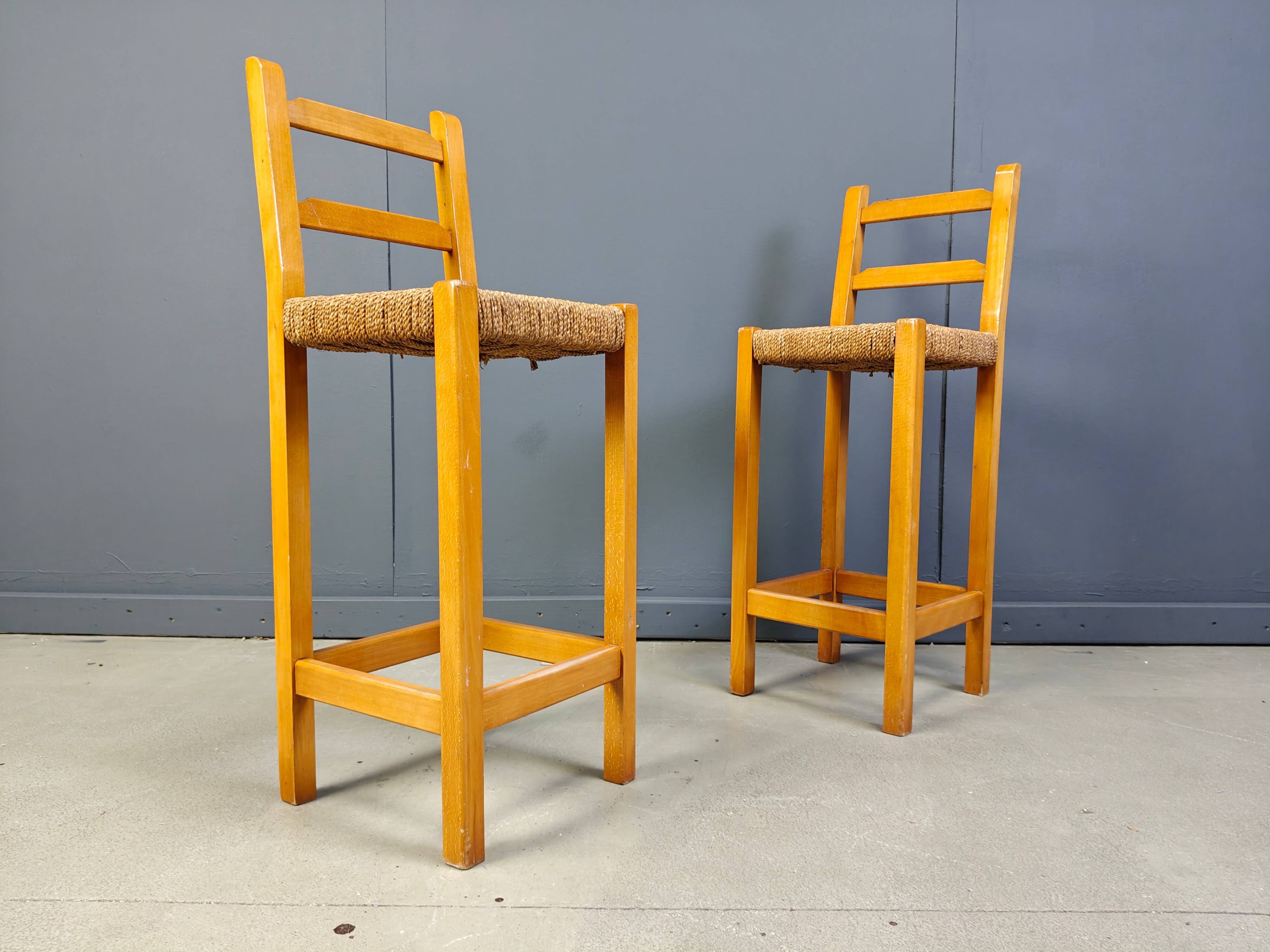 Vintage oak and papercord bar stools, 1960s - vintage bar stools
