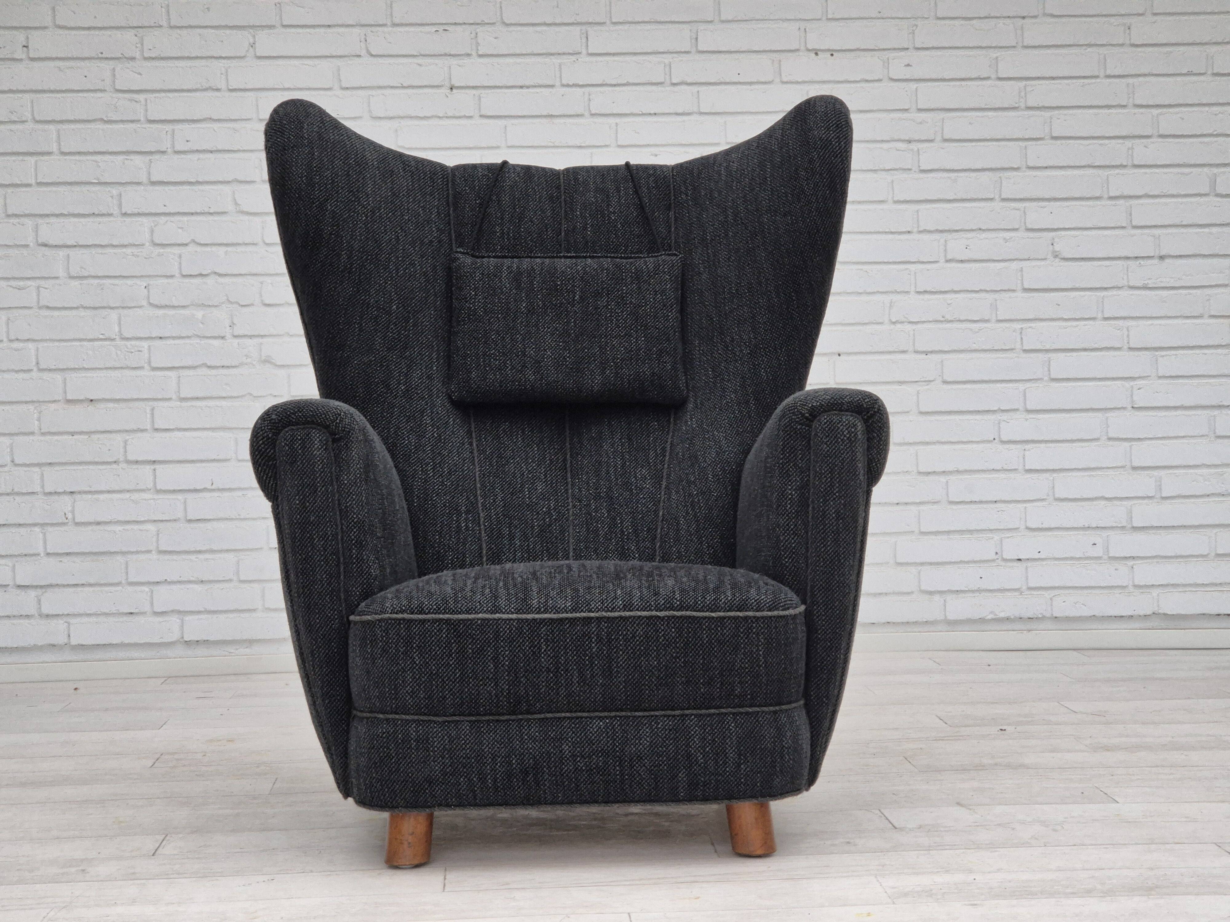 1960s, Danish relax armchair, reupholstered, gray furniture fabric..