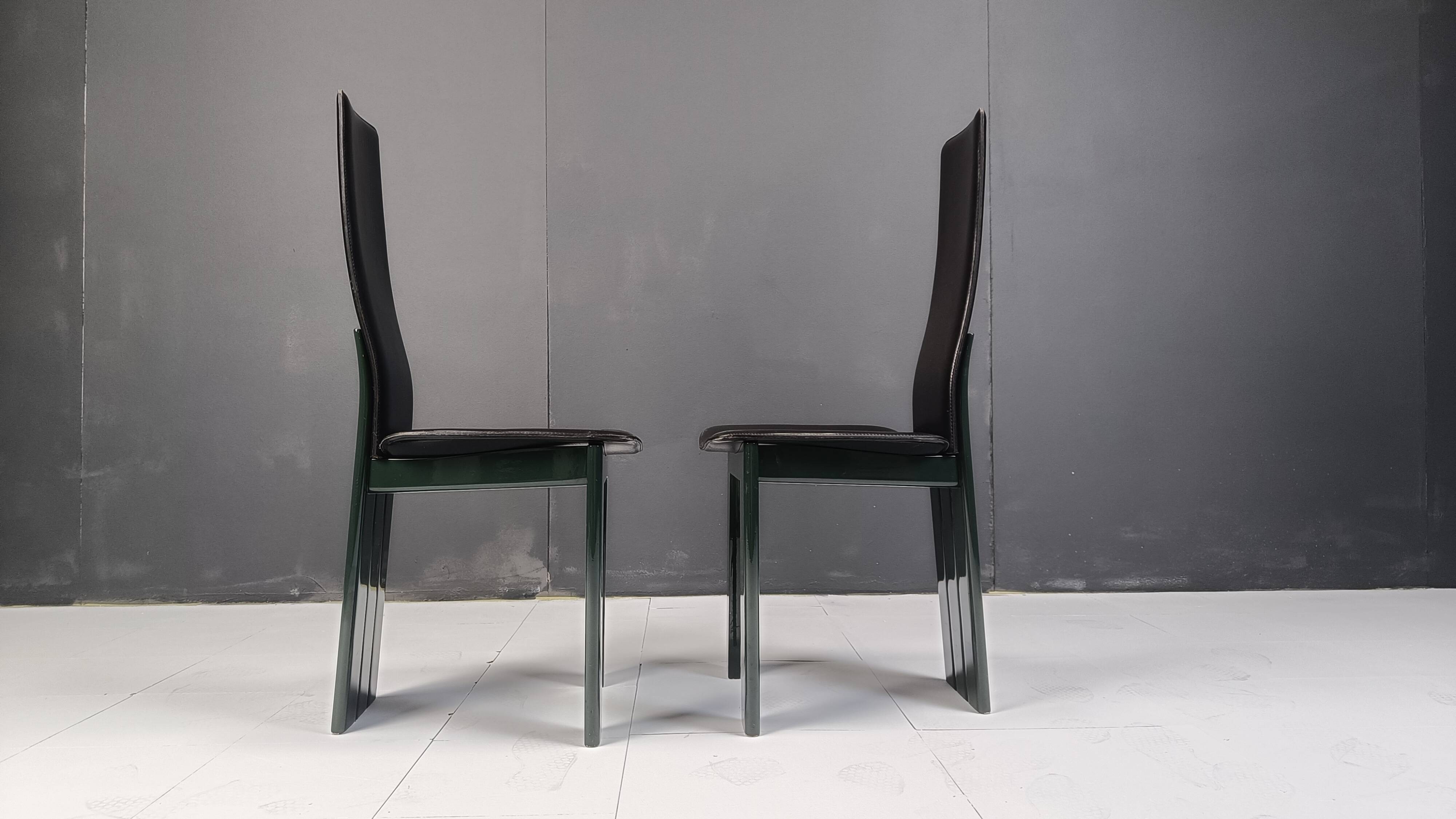 Set of 6 Italian leather and green lacquer dining chairs, 1980s